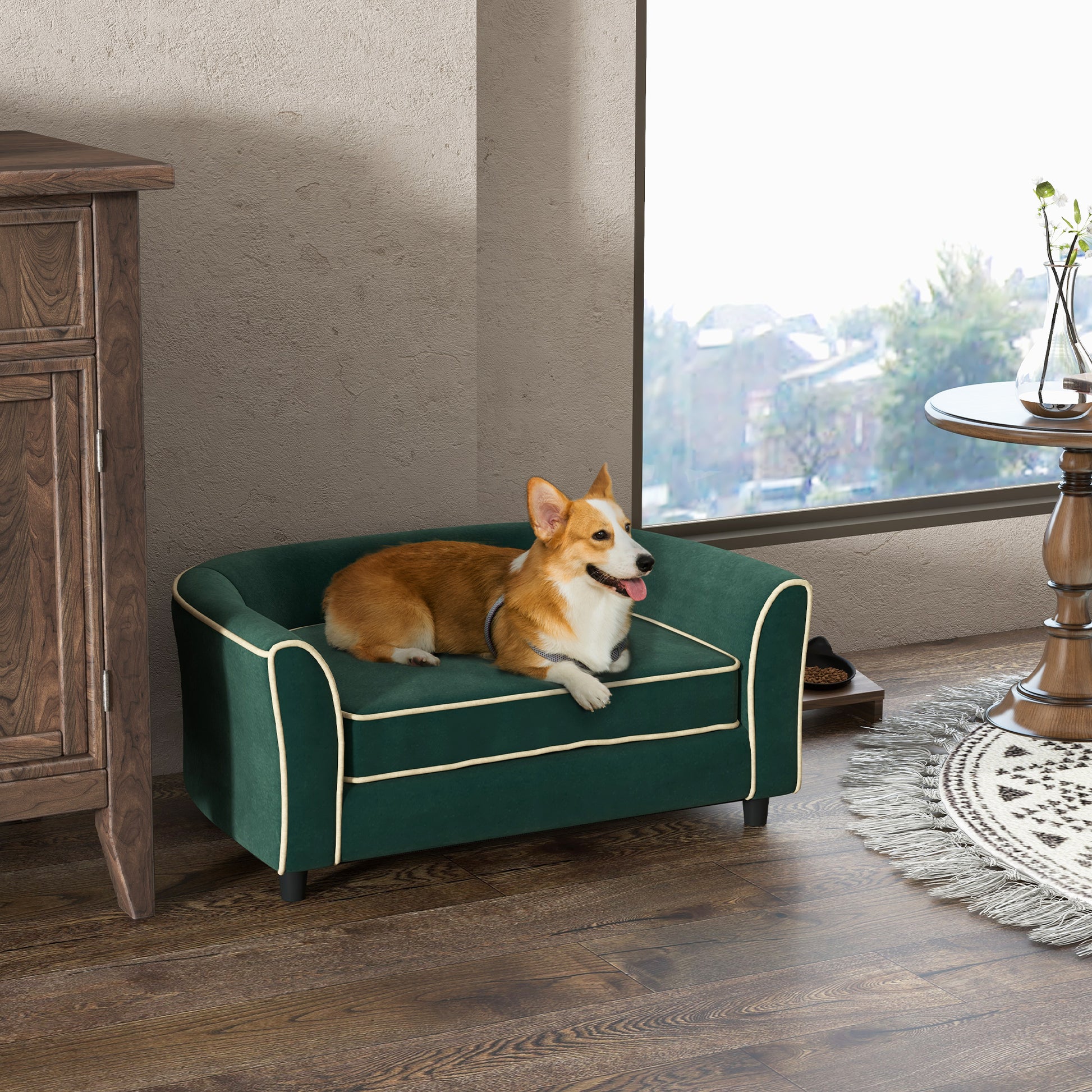 Pawhut Dog Couch Fancy Pet Bed Modern Dog Sofa For Small And Medium Dogs Cats, With Soft Cushion, Washable And Removable Cover, Dark Green Dark Green Polyester