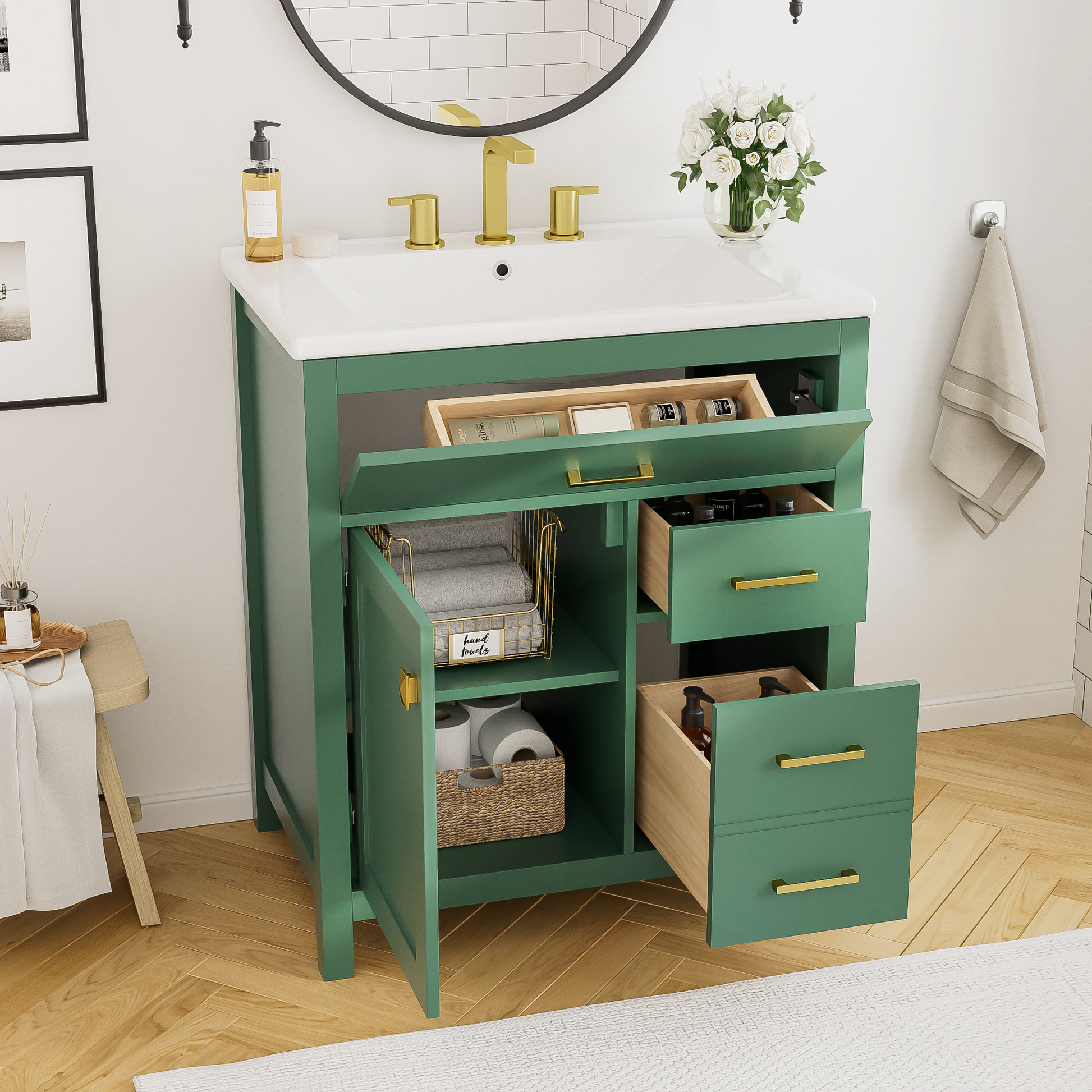 30 Inch Green Bathroom Vanity With Ceramic Sink And Large Storage Ideal Choice For Small Bathrooms Green Solid Wood Mdf