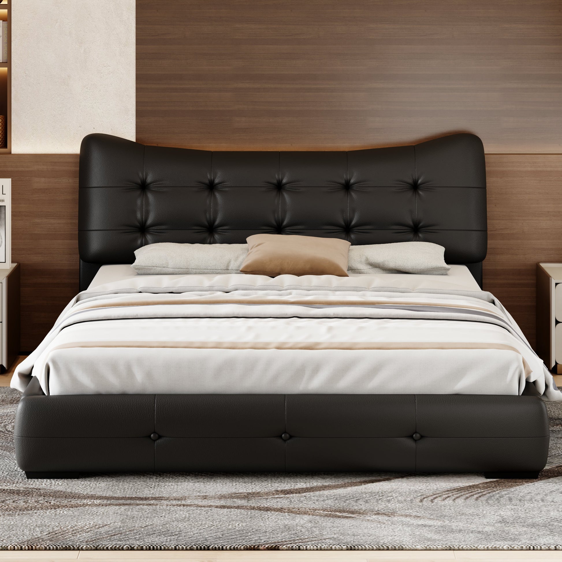 Modern Pu Upholstered Queen Bed With Ergonomic Wingback Headboard, No Box Spring Needed, Black Box Spring Not Required Queen Black Composite Bedroom Contemporary Bed Frame Pu,Upholstered