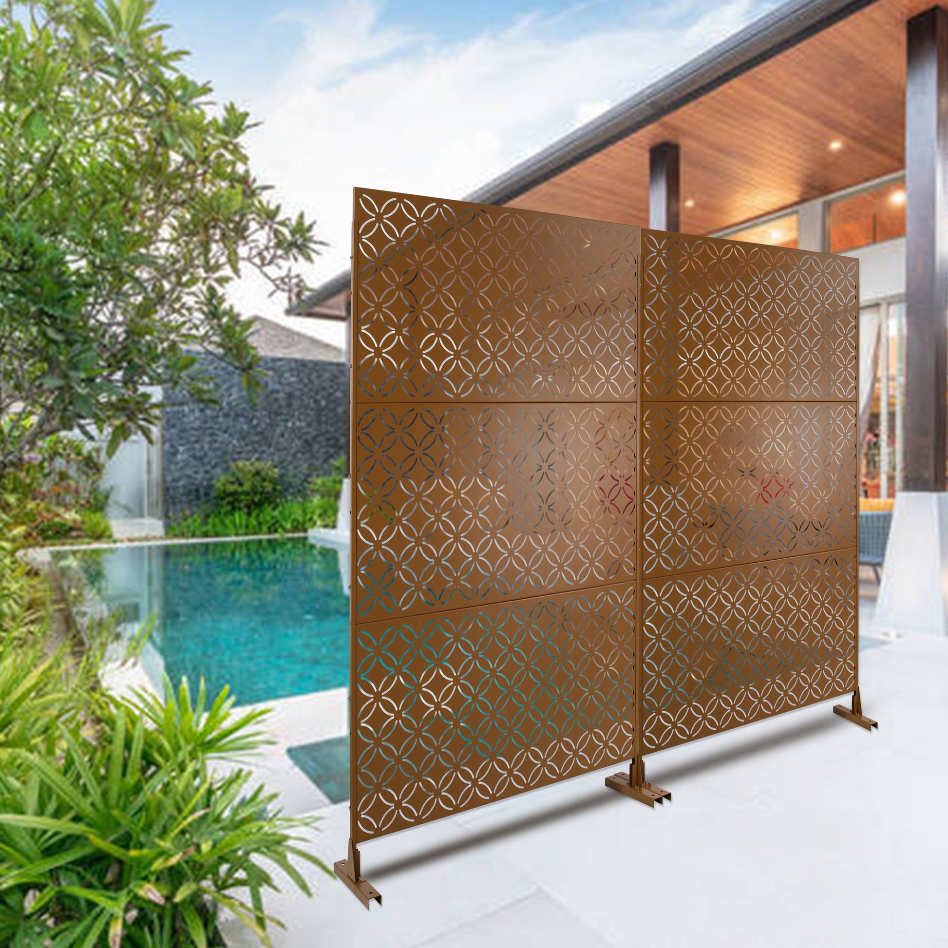 Outdoor & Indoor Privacy Screen Metal Privacy Screen 76" H 48" W, Freestanding Decorative Privacy Screen For Deck Balcony Patio, Privacy Fence Panels For Outside Lawn Garden Ps107 Brown Brown Steel