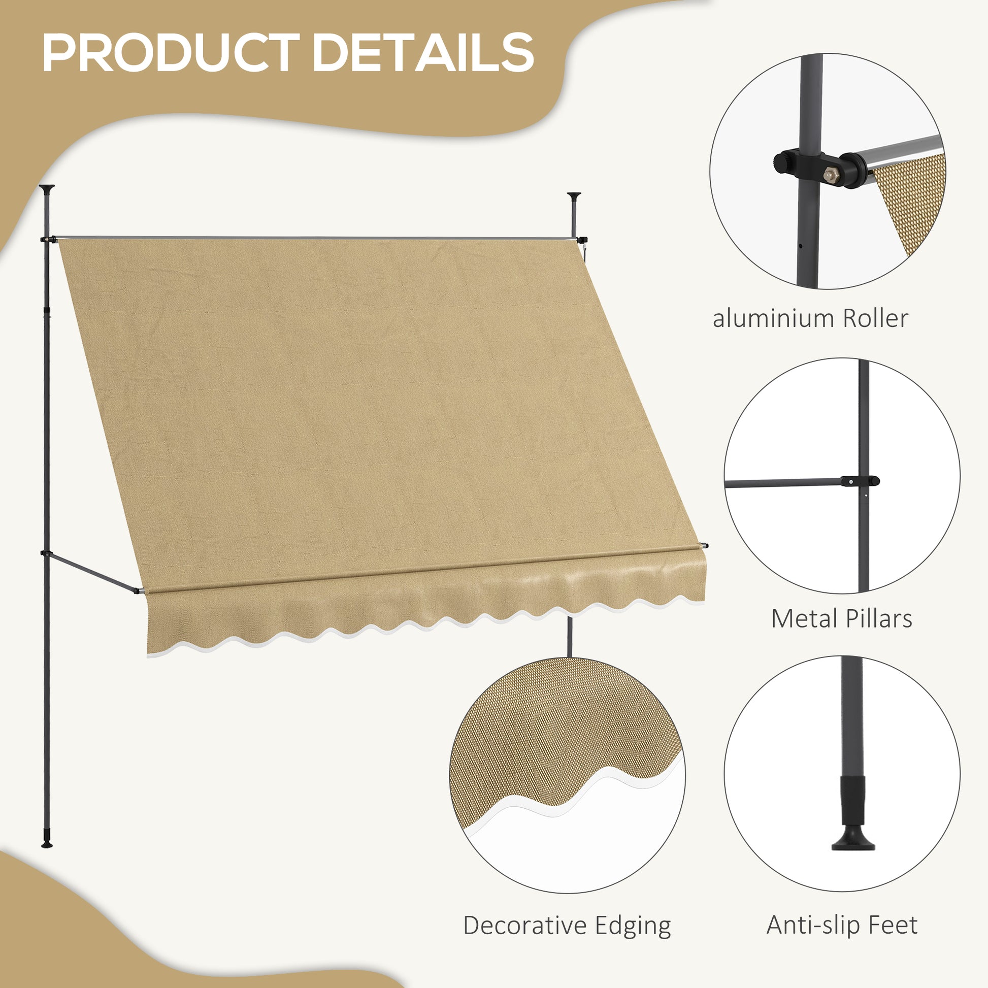 Outsunny Manual Retractable Awning, 118" Non Screw Freestanding Patio Sun Shade Shelter With Support Pole Stand And Uv Resistant Fabric, For Window, Door, Porch, Deck, Beige Beige Aluminum