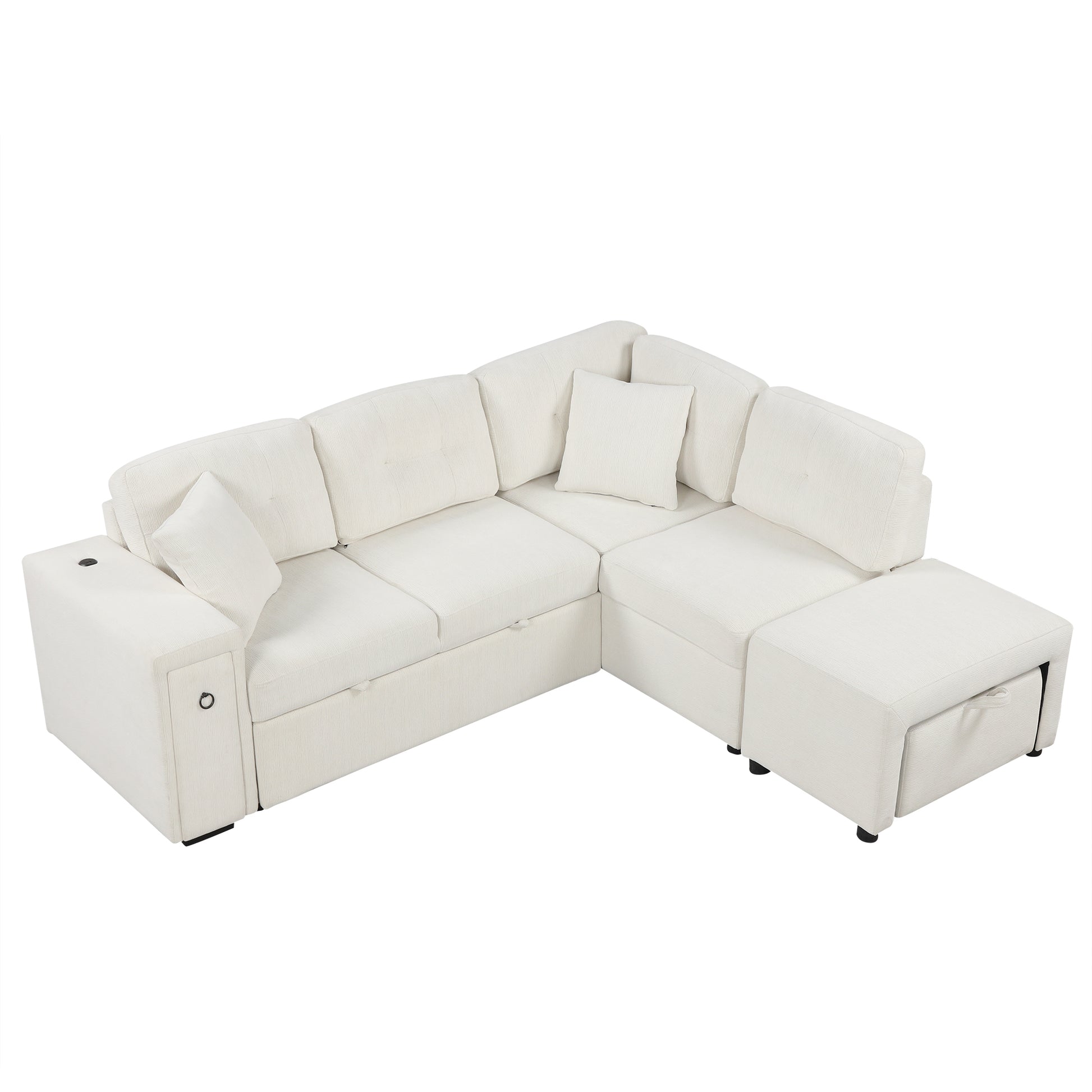 86.6" Sectional Sofa L Shaped Sofa Couch Pull Out Sofa Bed With A Movable Ottoman, Two Usb Ports And Two Cup Holders For Living Room, Beige Beige Foam Chenille 4 Seat