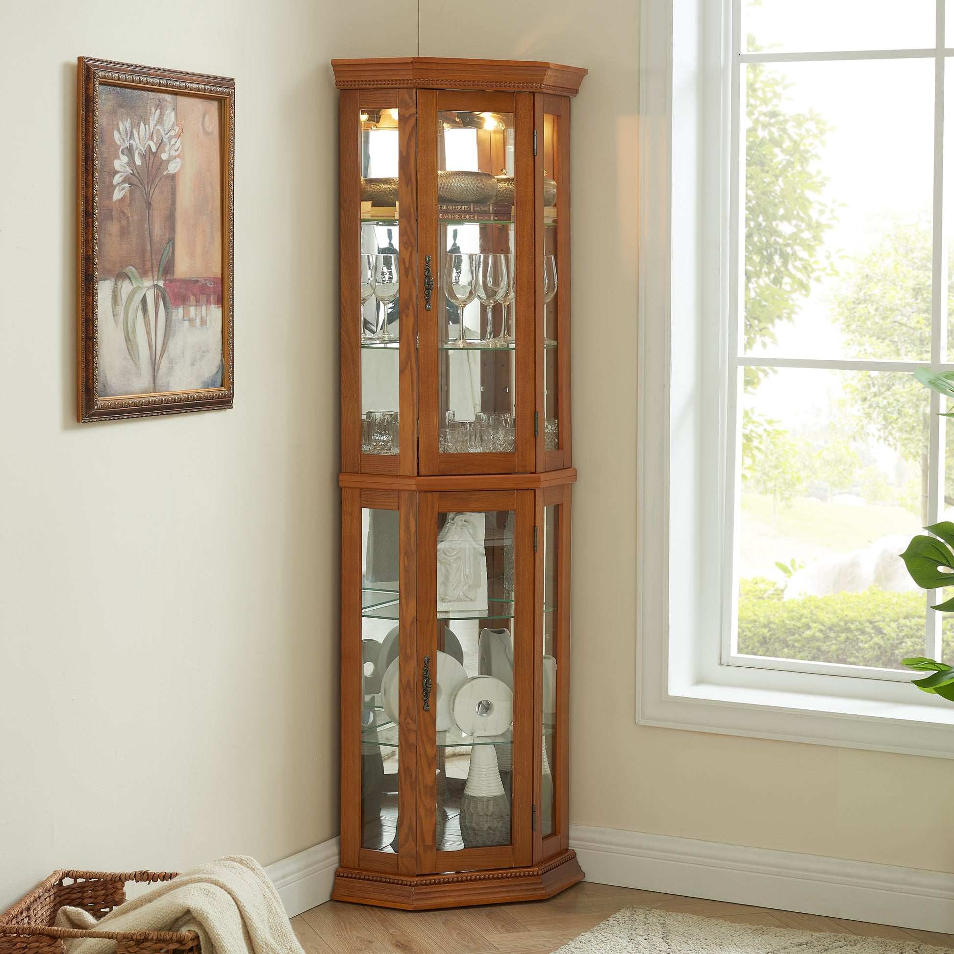 Corner Curio Cabinet Lighted Corner Display, Glass Display Shelf Shelving Bar Cabinet With Tempered Glass Door, Bar Cabinet,Cabinet With Adjustable Shelf Glass Cabinet Shelves Bead Bulb Included Oak Oak Mdf Glass