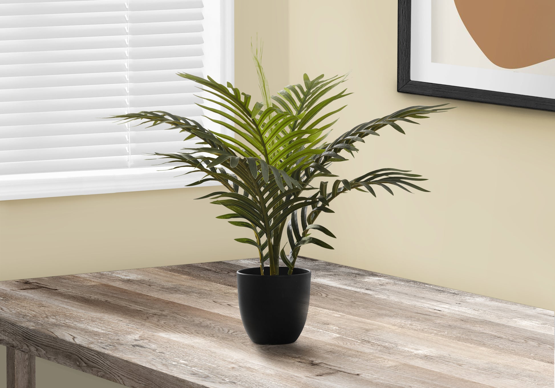 Artificial Plant, 20" Tall, Palm, Indoor, Faux, Fake, Table, Greenery, Potted, Real Touch, Decorative, Green Leaves, Black Pot Green Foam Plastic