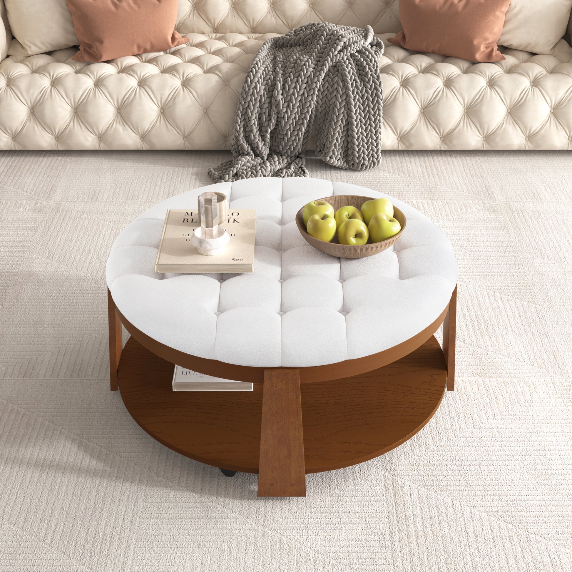 Modern Large Round Ottoman Coffee Table 2 Tier Oversized Button Tufted Ottoman With Wood Shelf Storage Upholstered Coffee Table For Living Room Footrest Ottoman With Wheel, Waterproof Linen Ivory White Rubber Wood