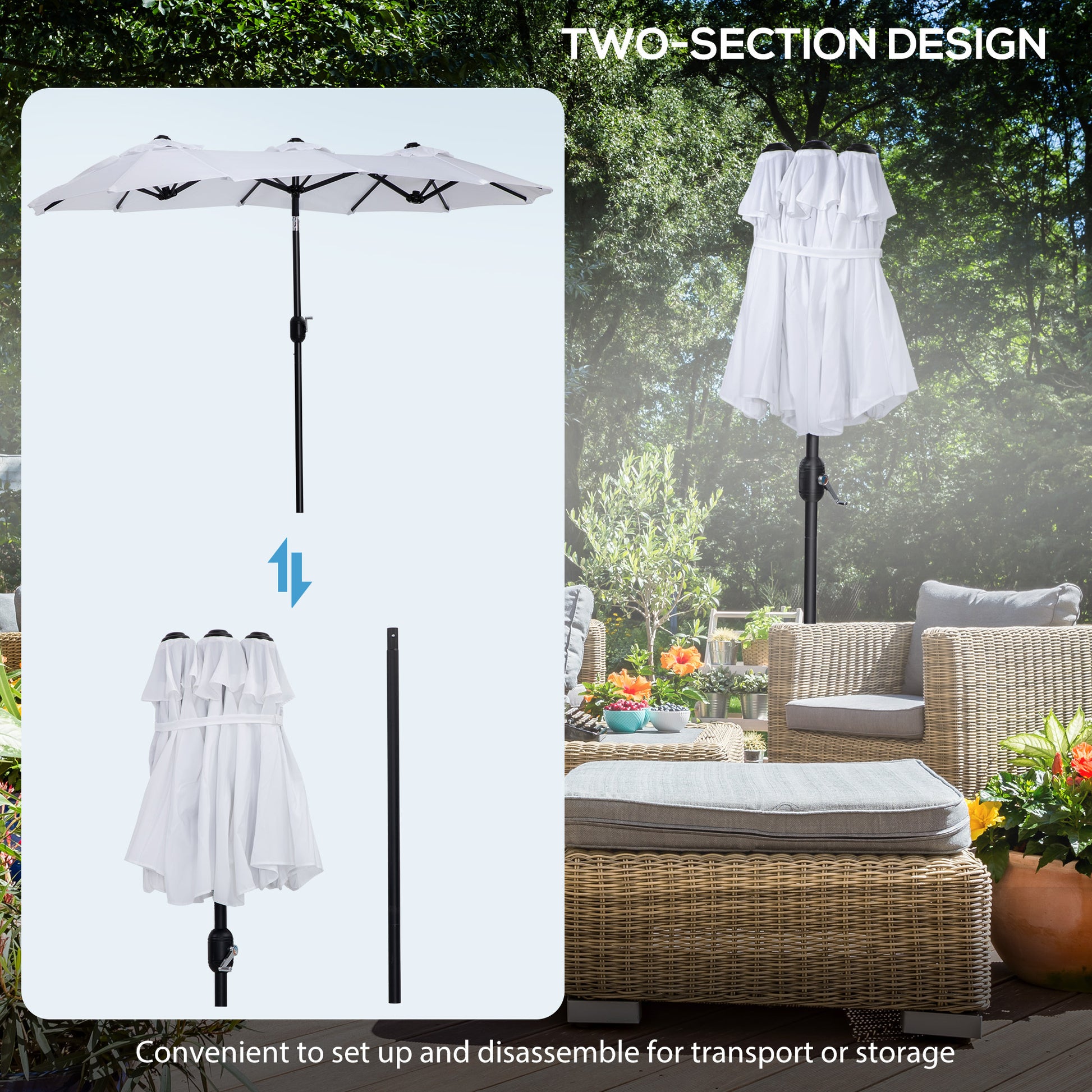 Outsunny Double Sided Patio Umbrella 9.5' Large Outdoor Market Umbrella With Push Button Tilt And Crank, 3 Air Vents And 12 Ribs, For Garden, Deck, Pool, White Cream Polyester