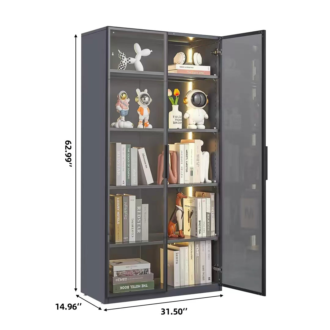 Best Selling Double Door Metal Glass Display Storage Cabinet With Light Strip For Living Room Filing Cabinets 3 4 Shelves Grey Primary Living Space Adjustable Shelves Modern Metal Metal