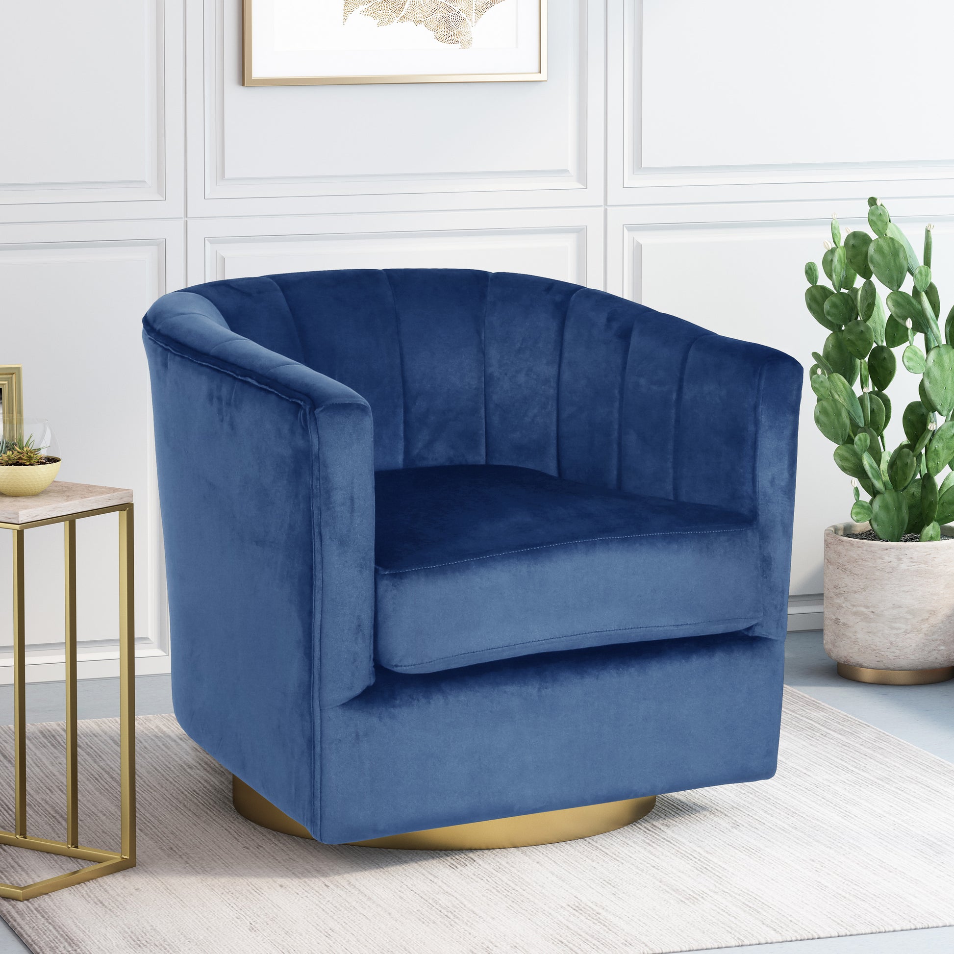 Swivel Arm Chair Blue Velvet