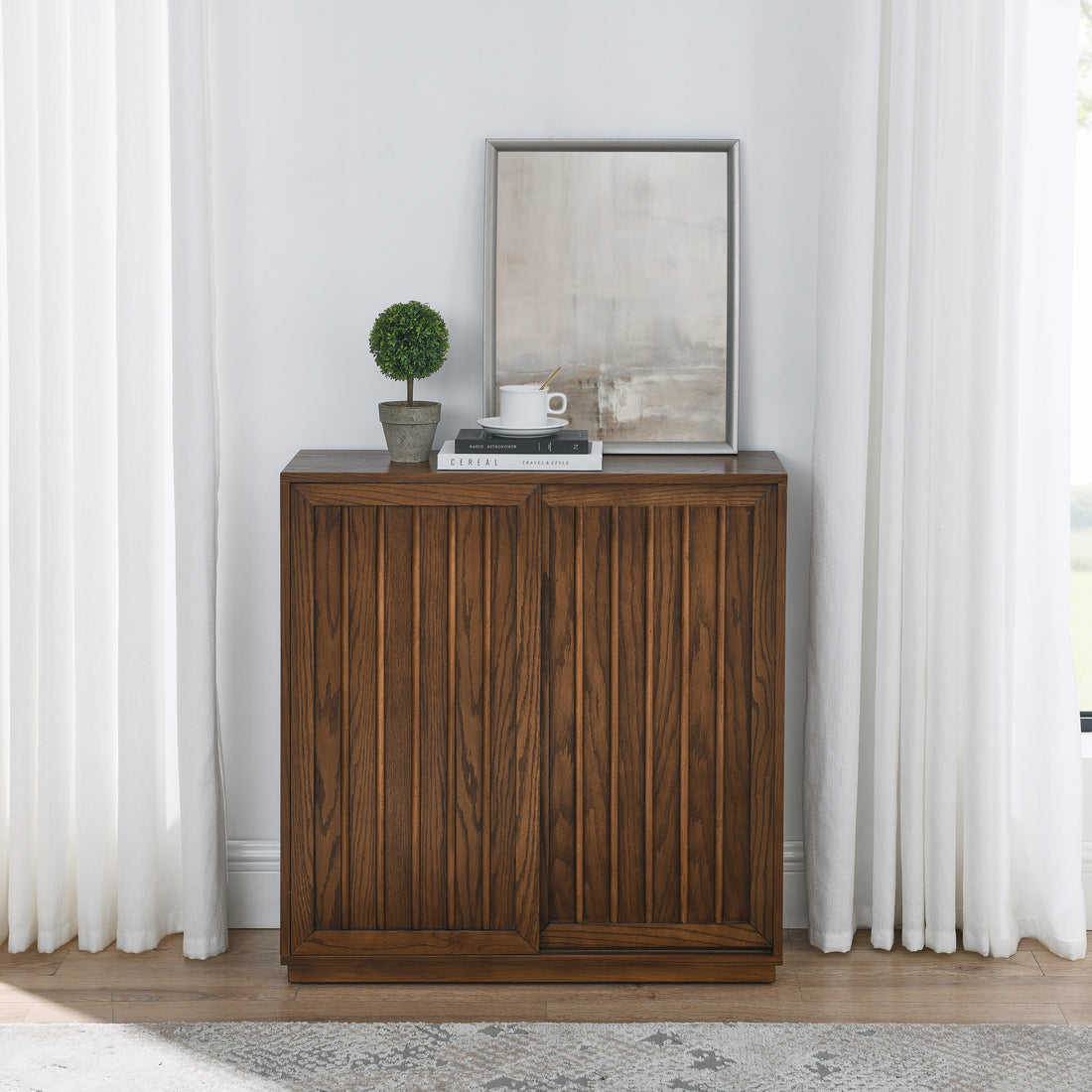 Mid Century Sideboard With 2 Sliding Door & Solid Wood Decorative Strips, Storage Cabinet For Living Room, Kitchen, Dining, Entryway, Hallway Walnut Mdf