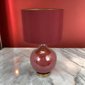 Gia 32 Inch Table Lamp, Drum Shade, Curved Round Glass Body, Red Finish Red Glass