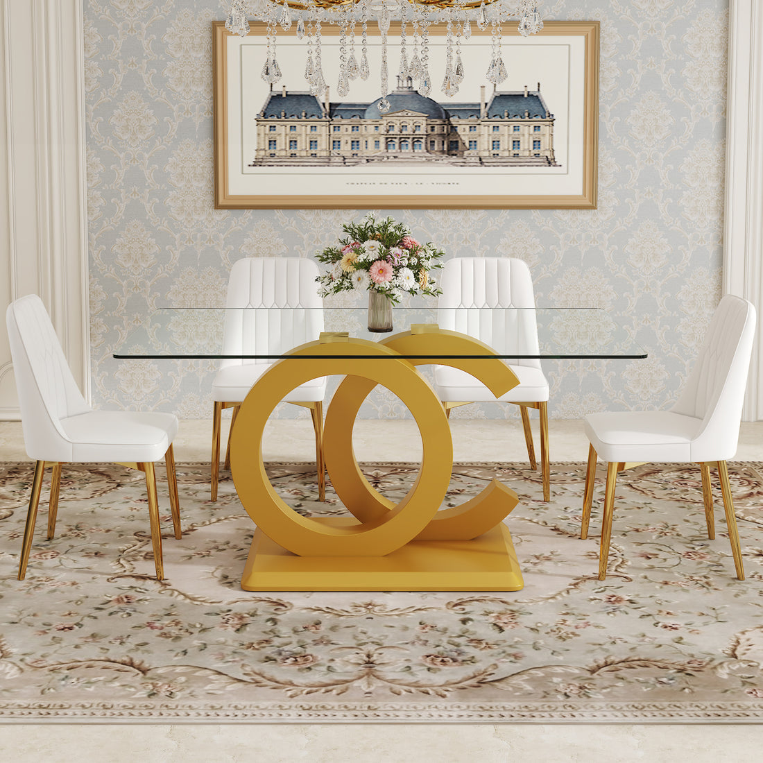 Table And Chair Set.63"W X 35.4"D X 30"H Clear Tempered Glass Desk And Chair Set With 4 White Pu Chairs With Gold Metal Legs.Bring A Comfortable Home Experience To The Kitchen, Bedroom, And Office.