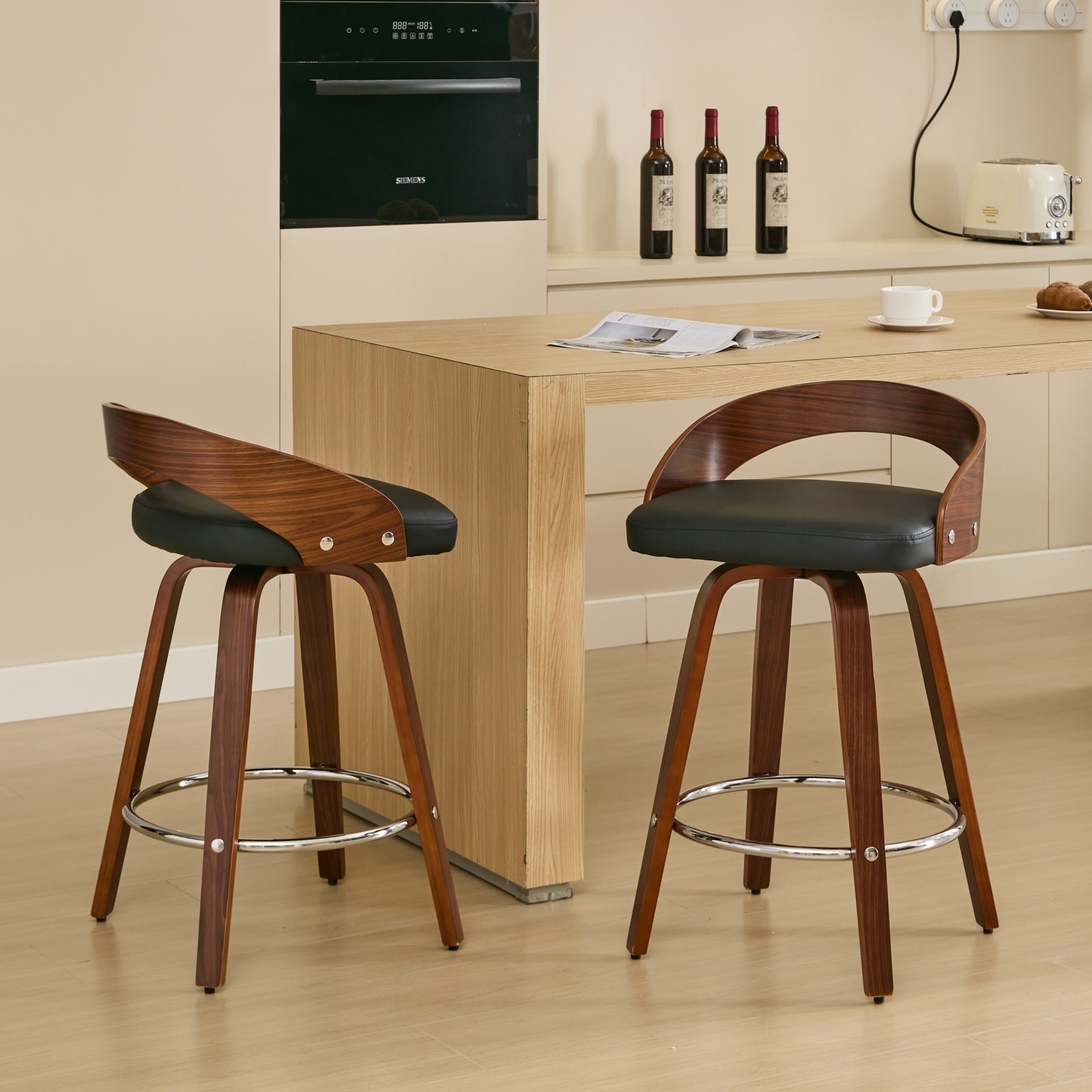 Bar Stools Set Of 2, Swivel Bar Height Stools With Low Back, Wood Bar Chairs With Soft Cushion Seat, 25 Inch Seat Height Black, 25" Counter Height Black Pu American Design,Mid Century Modern Set Of 2 Foam Pu Leather