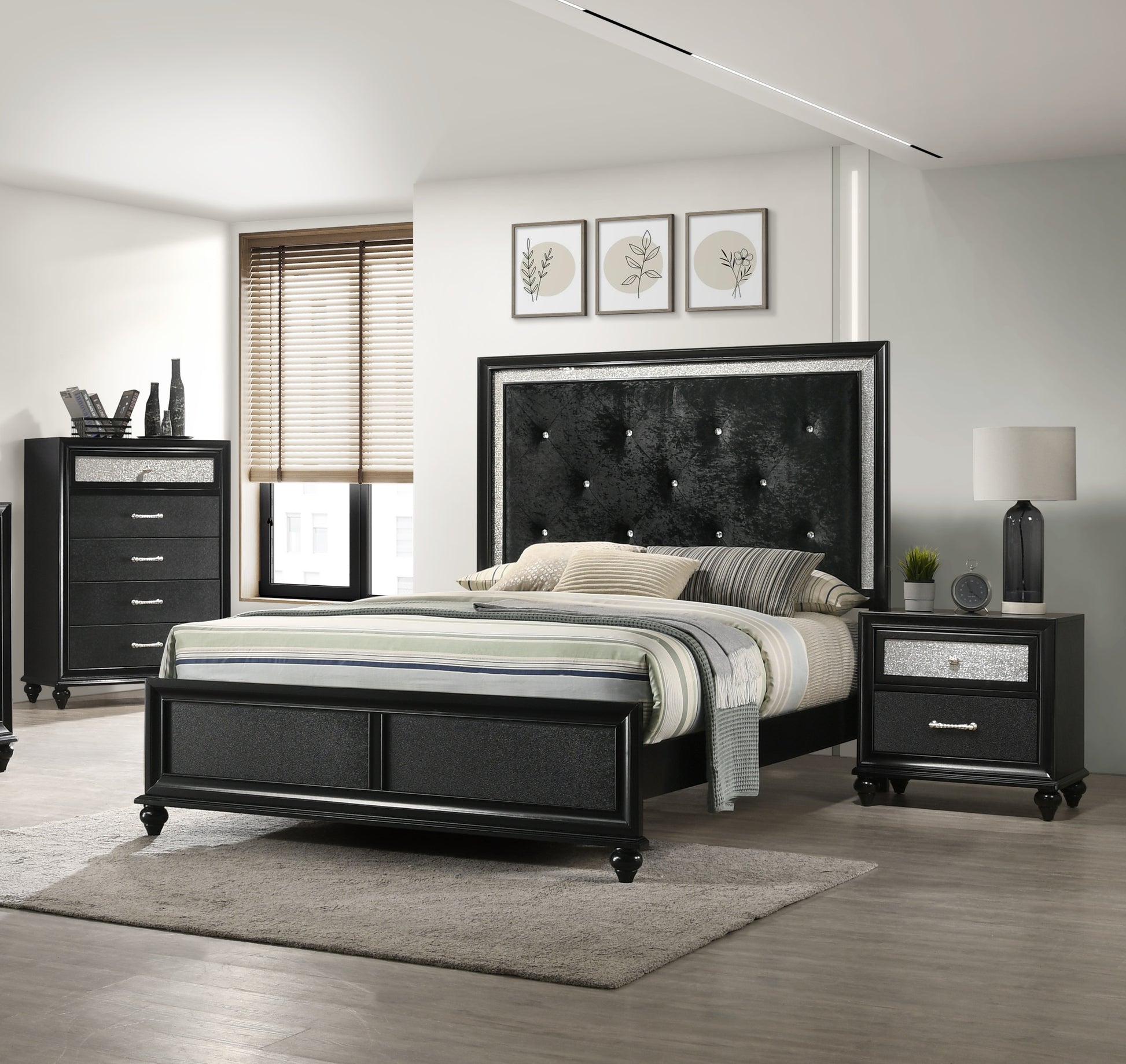 1Pc Luxury Glam Five Drawer Bedroom Chest With Two Toned Drawer Black Finish Shimmering Accents Bedroom Solid Wood Wooden Furniture Black Bedroom Contemporary,Glam,Luxury Wood