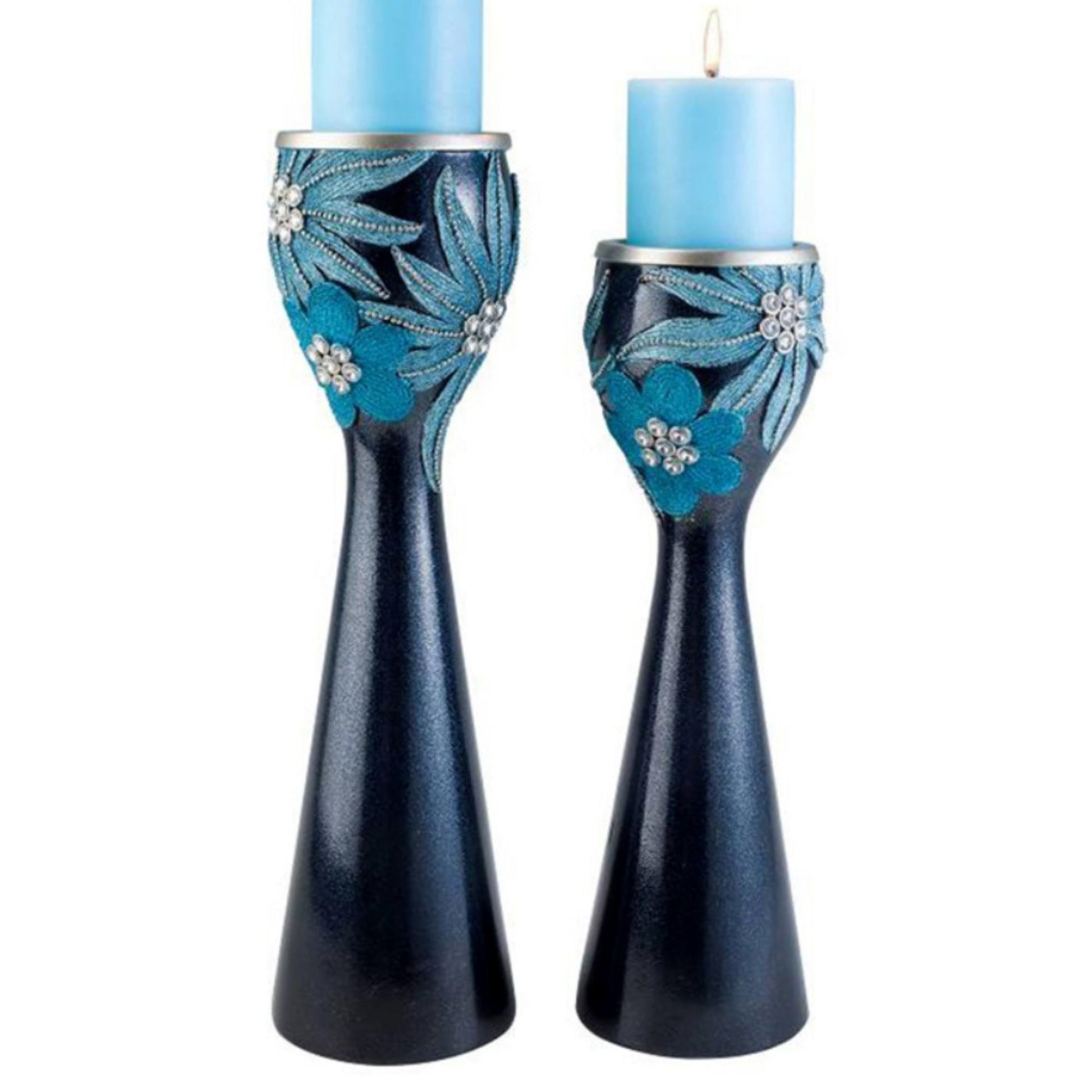 14" And 16" Tall Polyresin" Demeter" Candleholder, Aqua Finish Set Of 2 Blue Polyresin