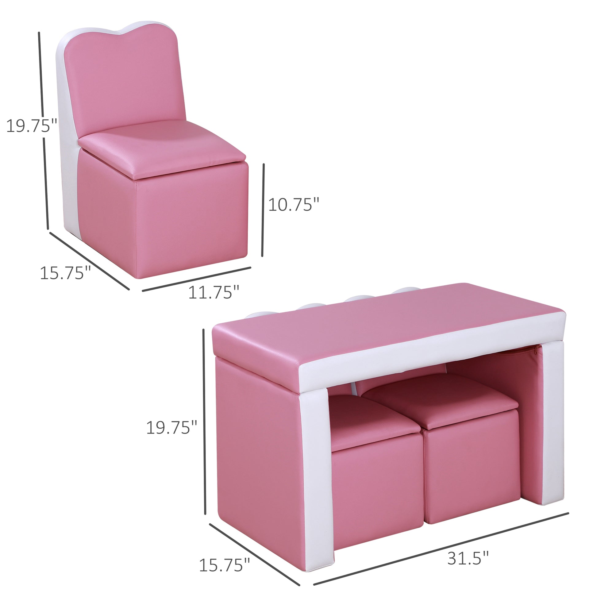 Qaba Kids Sofa Set 2 In 1 Multi Functional Toddler Table Chair Set 2 Seat Couch Storage Box Soft Sturdy Pink Pink Plastic