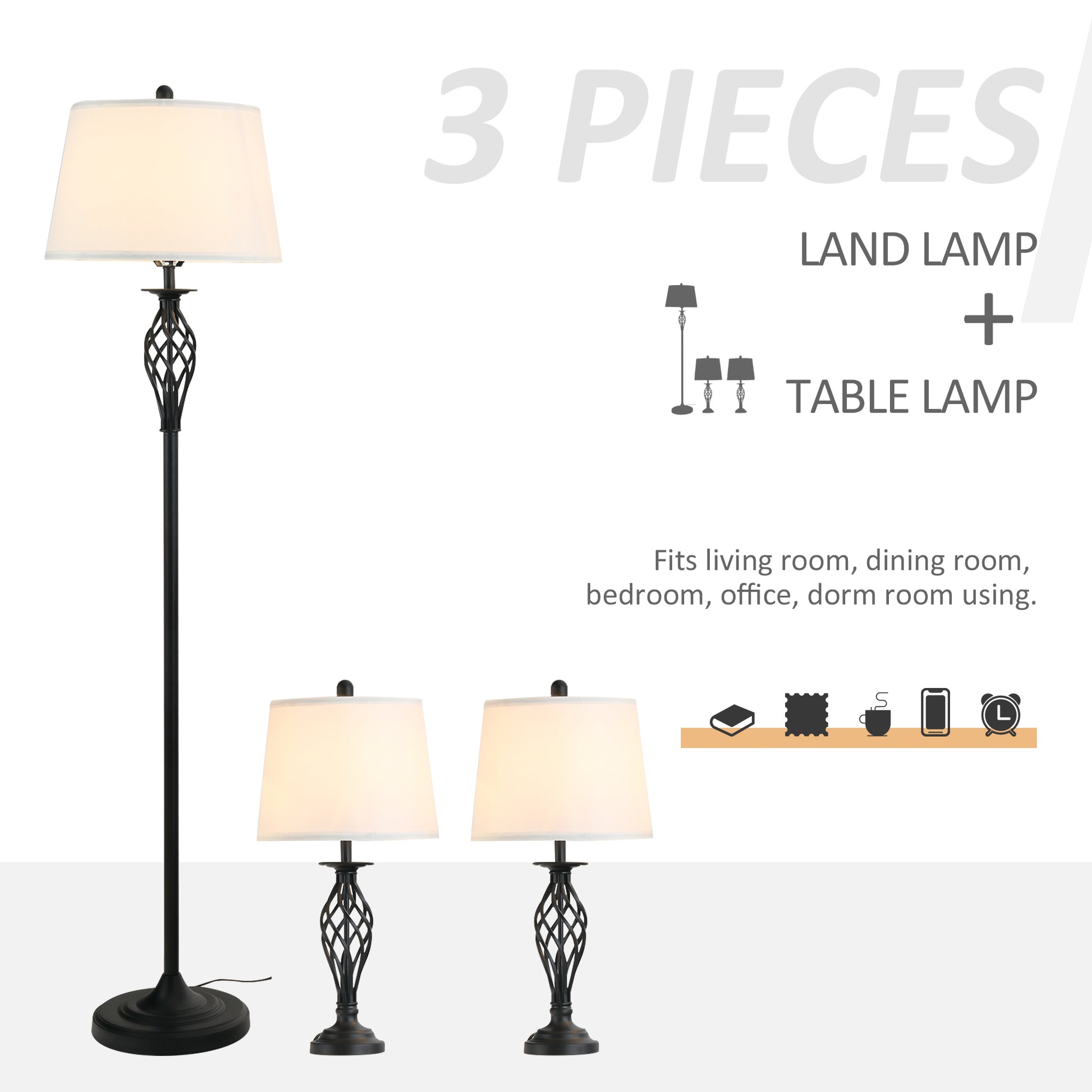 Homcom 3 Piece Table Floor Lamp Set With Metal Pole, Round Base, And Fabric Lampshade, For Living Room, Black White White Glass Metal