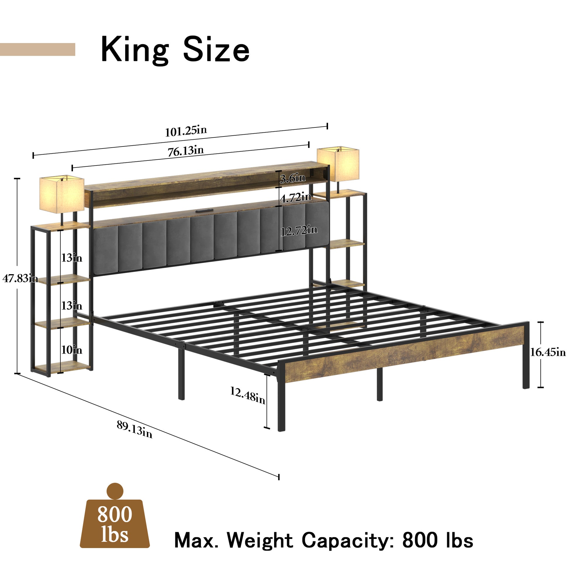 King Bed Frame With Storage, Platform Bed King Size With Led Lights And Charging Station, Dark Gray Velvet Headboard With Bookcase Shelves, No Box Spring Needed, Noise Free Box Spring Not Required