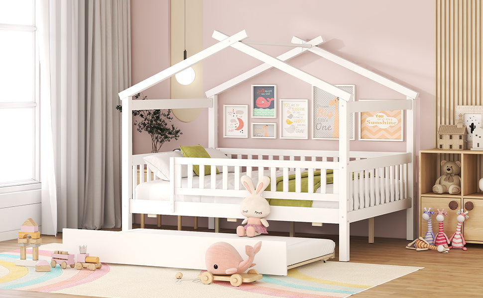 Full Size Wooden House Bed With Twin Size Trundle, White Full White Solid Wood Mdf