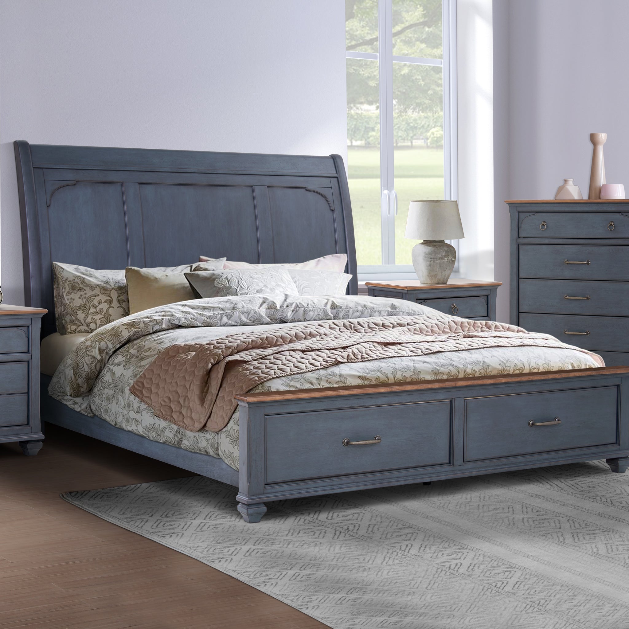 Americana Queen Size Sleigh Bed, Corduroy Blue Finish Queen Blue Rubberwood Rubber Wood