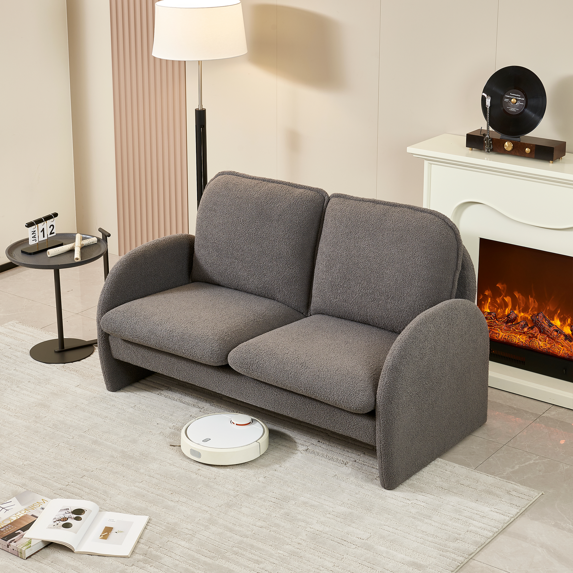 59" Loveseat Sofa Small Couch For Living Room, Sherpa Fabric Upholstered Loveseat Sofa Couch, Small Loveseat Sofa For Apartment, Bedroom Gray Foam Sherpa 2 Seat