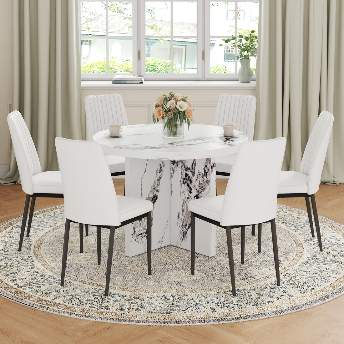 7 Piece Round Dining Table Set, 42 Inch Modern Round Table And 6 Upholstered Chairs For Dining Room, Kitchen Room, Living Room, Easy Assembly Metal White 42 Inches Modern Pedestal Round Mdf Mdf