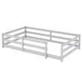 Twin Size Floor Bed, Montessori Floor Bed With Fence, Kids Montessori Bed Twin Size, Wood Montessori Floor Bed For Kids, Girls, Boys Gray Grey Wood Metal