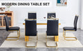 Table And Chair Set.Large Modern Rectangular Table With 0.4 Inch Patterned Glass Tabletop And Large Mdf Table Legs.Comes With 6 Chairs With Faux Leather Cushioned Seats And Golden Metal Legs. Gold White Seats 6 Mdf Glass