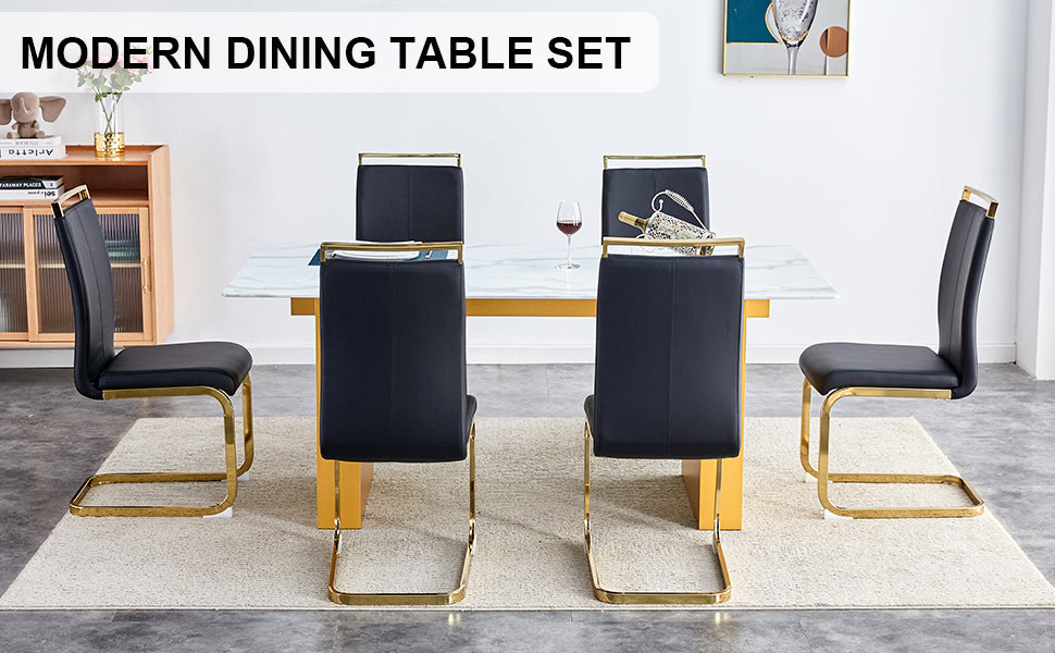 Table And Chair Set.Large Modern Rectangular Table With 0.4 Inch Patterned Glass Tabletop And Large Mdf Table Legs.Comes With 6 Chairs With Faux Leather Cushioned Seats And Golden Metal Legs. Gold White Seats 6 Mdf Glass