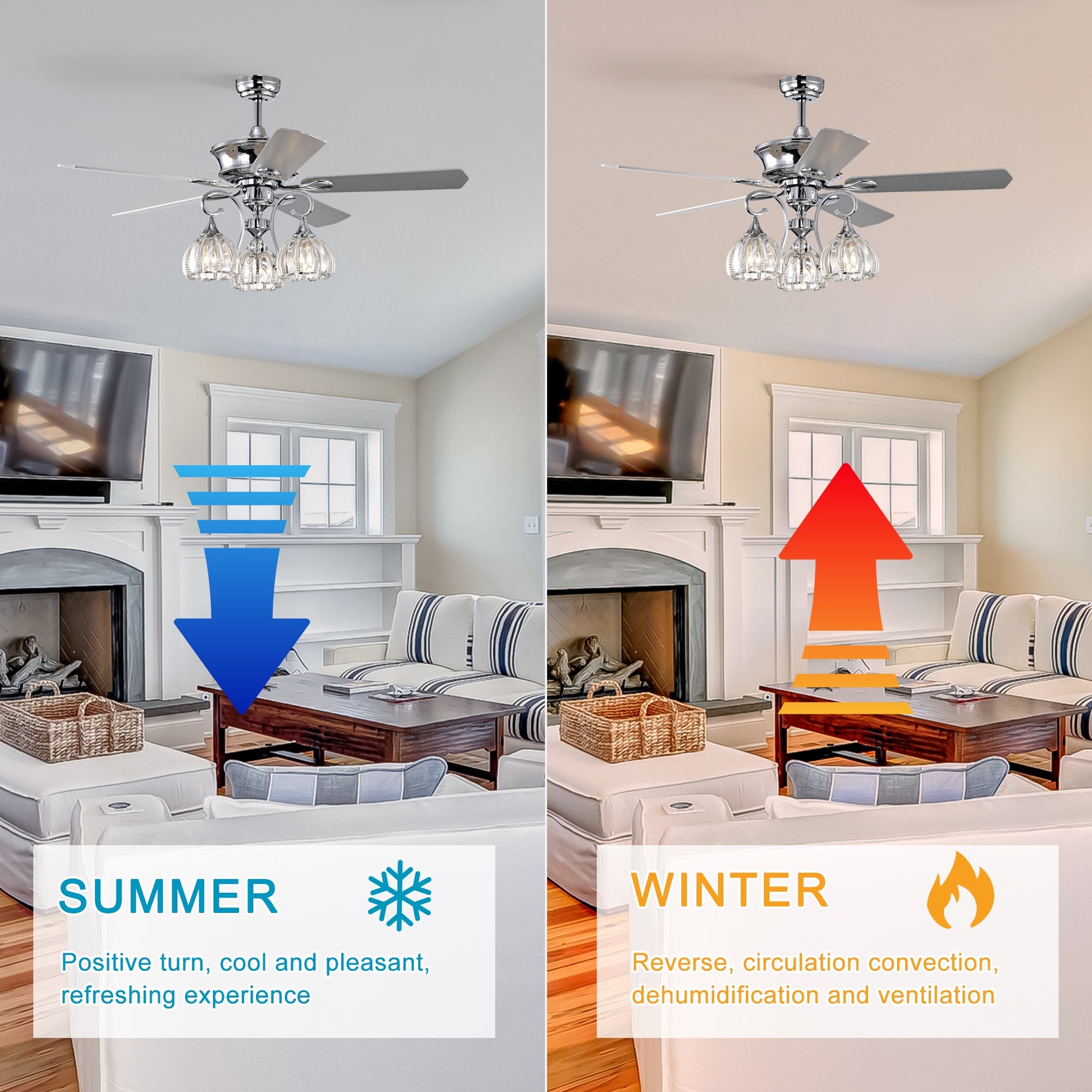 52'' Crystal Ceiling Fan Lamp With Remote Control 3 Speed High, Mid, Low , 5 Reversible Blades For Living Room, Dining Room, Bedroom, Family Room, Chrome ,3Pcs*E26 No Include Bulb Chrome American Traditional,Antique,Classic,Contemporary Plywood Metal