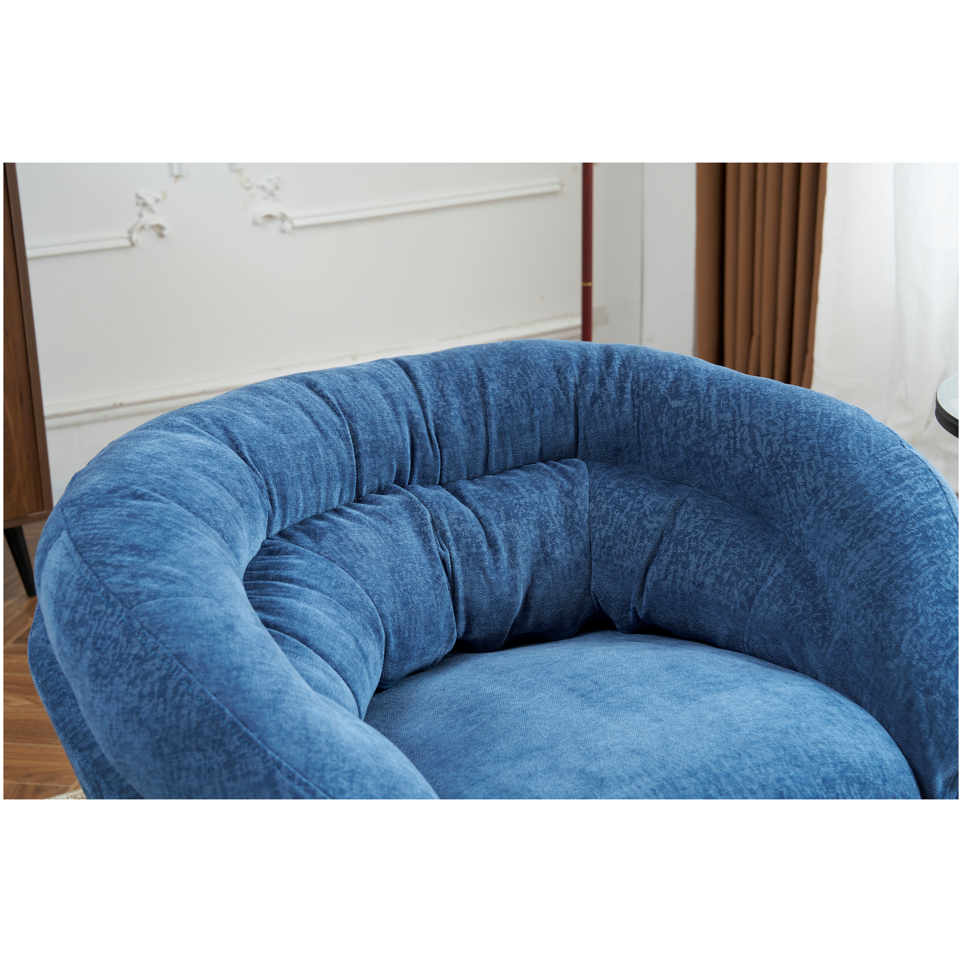 Chenille Upholstered 360 Swivel Club Chair Accent Chair With Removable Cushion, Round Office Chair With Black Metal Base, Cotton Material, Living Room, Bedroom, Reading Corner, Office Navy Blue