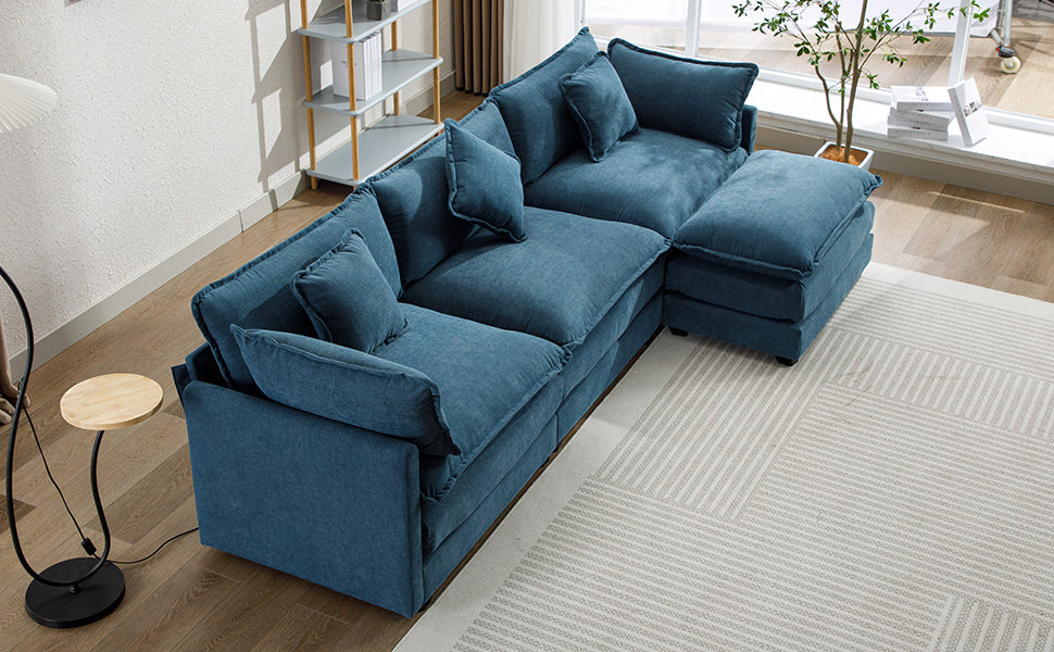 112.2" L Shape Chenille Upholstered Sofa For Living Room Modern Luxury Sofa Couch With Ottoman, 5 Pillows, Blue Blue Foam 4 Seat