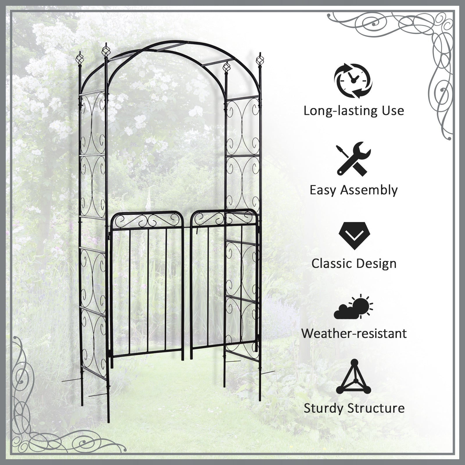 Outsunny 84" Garden Arch Arbor With Gate, Metal Arch Trellis, Garden Archway For Climbing Vines, Wedding Ceremony Decoration, Flourishes & Arrow Tips, Black Black Metal