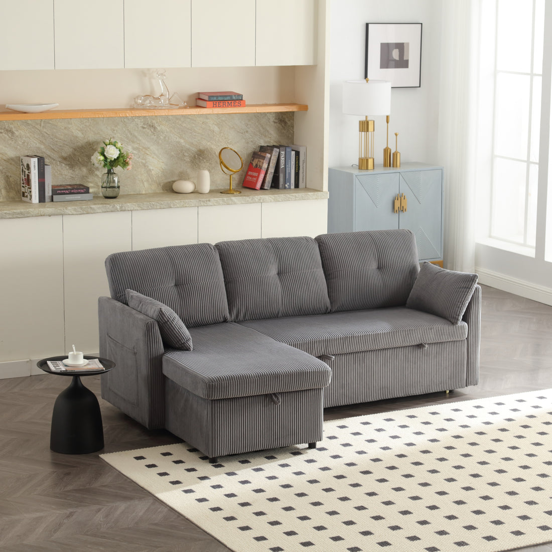 United We Win Furniture, Modular L Shaped Sofa, Modular Long Sofa With Reversible Chaise Lounge, Sofa Bed, Sleeper Sofa, Modular Sofa Combination With Storage Seats. Dark Grey Velvet 4 Seat