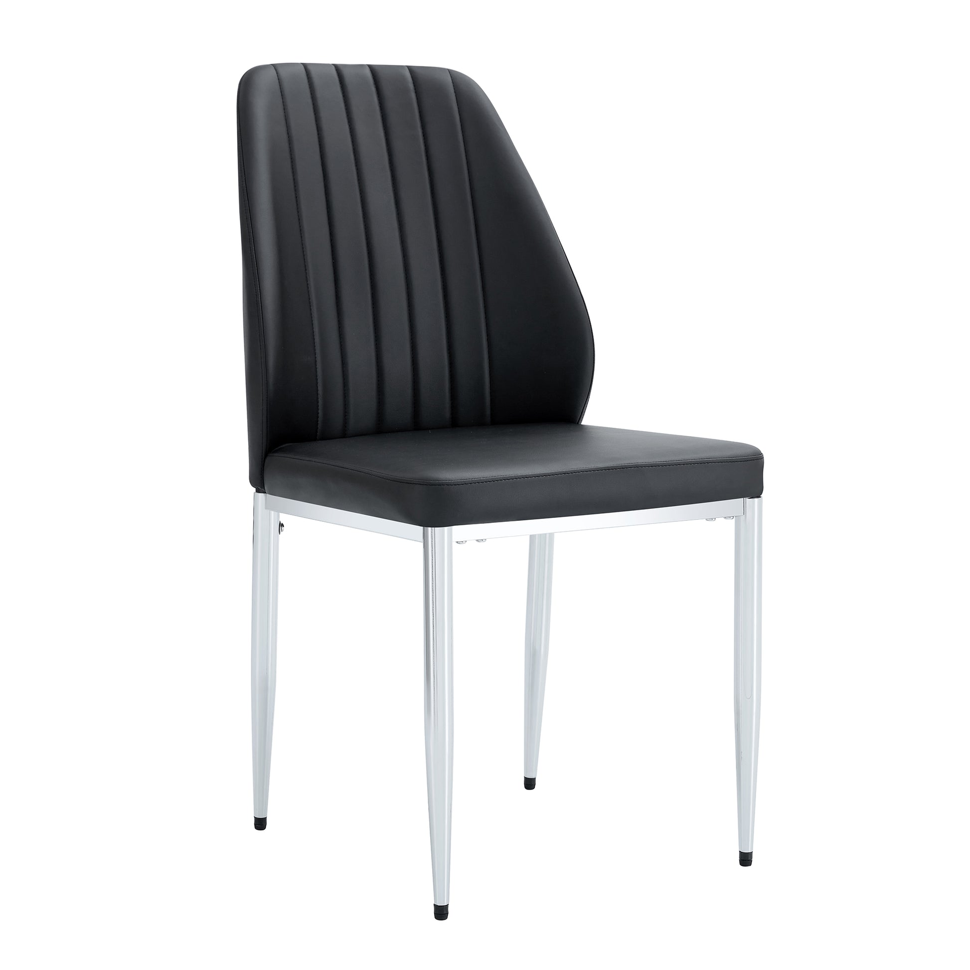 Set Of Four Black Pu Comfort Dining Chairs 17.7"X25" .Dining Chair With Extended Backrest,Black Pu,Silver Metal Legs,Suitable For Various Places Such As Family Restaurants, Hotels, Coffee Shops,Etc.