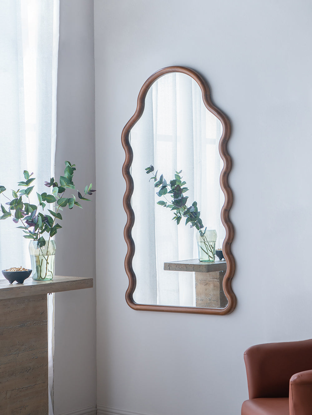 30X1.5X55" Arch Wood Mirror With Unique Frame Brown Pine
