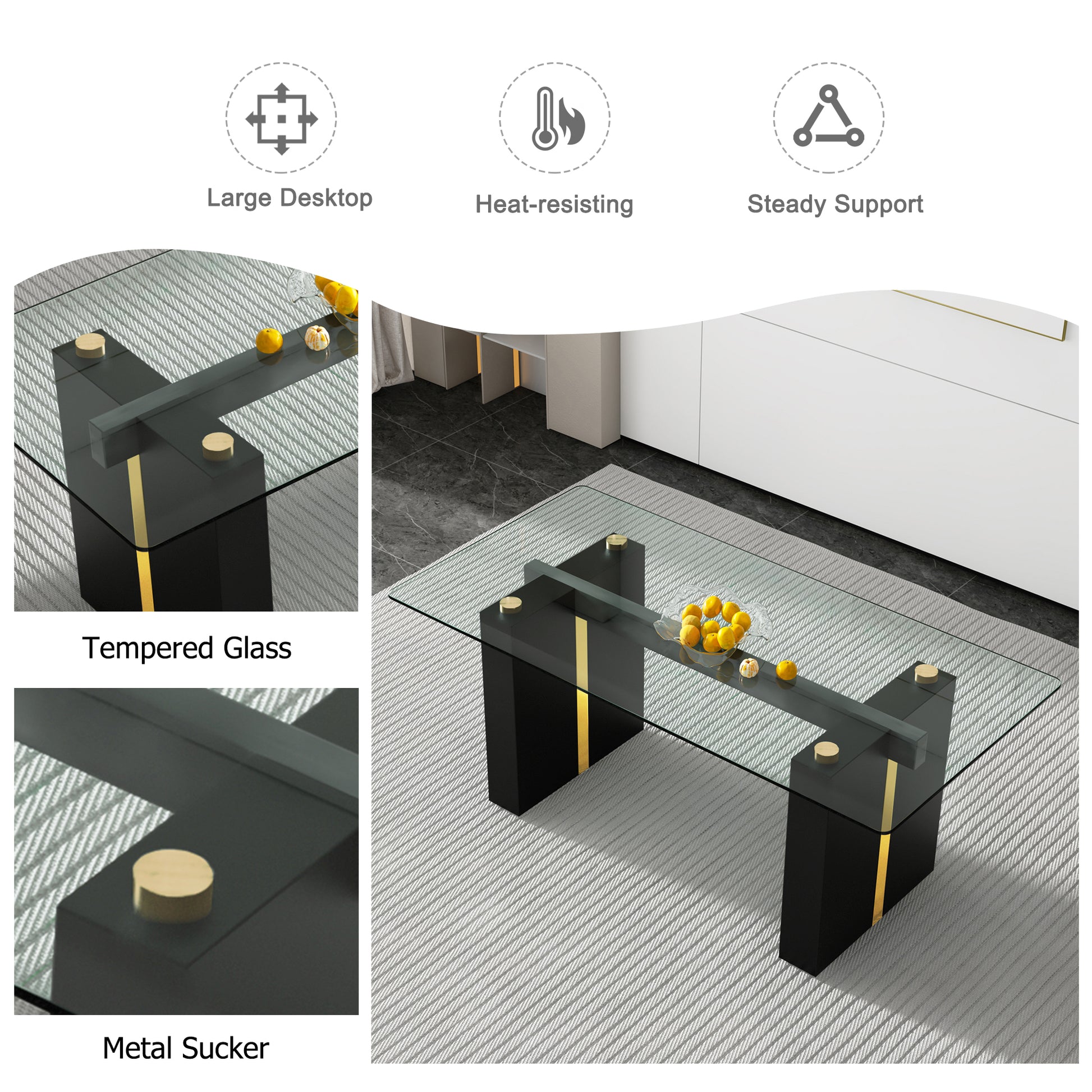 Table And Chair Set, Large Modern Minimalist Rectangular Glass Table, Can Accommodate 6 8 People, Equipped With Tempered Glass Tabletop And Large Mdf Table Legs, Comfortable And Minimalist Chairs. Transparent Glass