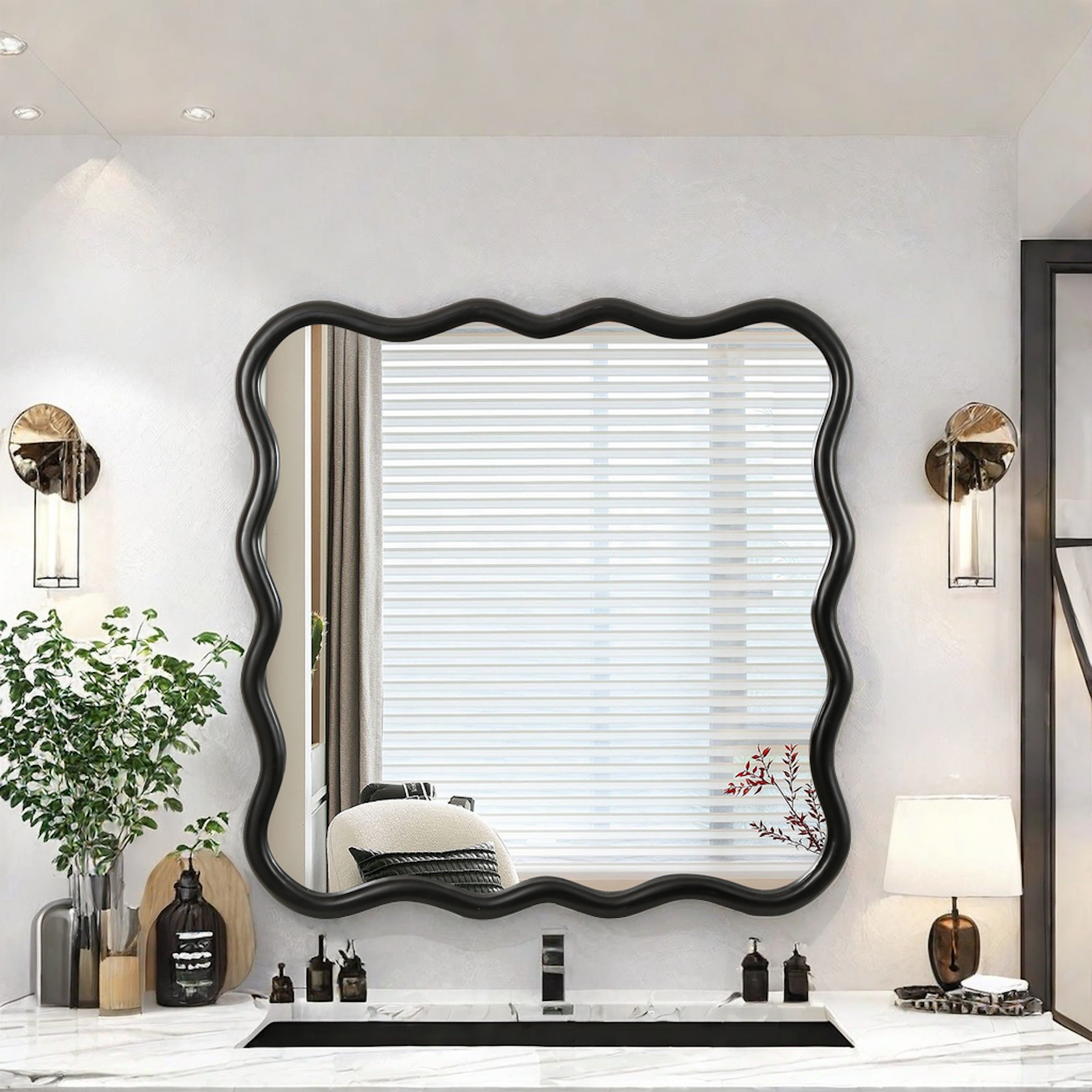 Solid Wood Wavy Square Mirror Black 36" X 36" Modern Mirror Wall Decor For Bathroom, Bedroom, Living Room, Dining Room, Cloakroom, Entryway Black Glass Solid Wood