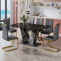 Table And Chair Set,Modern Minimalist Rectangular Dining Table, 0.4 Inch Thick, With A Black Imitation Marble Pattern Glass Desktop And Black Mdf Legs. Comfortable Pu Seats,Perfect For Dinner, Meet Grey Black Seats 6 Mdf Glass