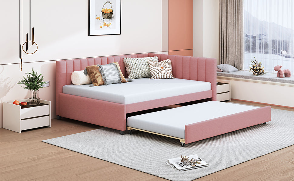 Full Size Upholstered Daybed With Trundle Sofa Bed Frame No Box Spring Needed, Linen Fabric Pink Full Pink Linen