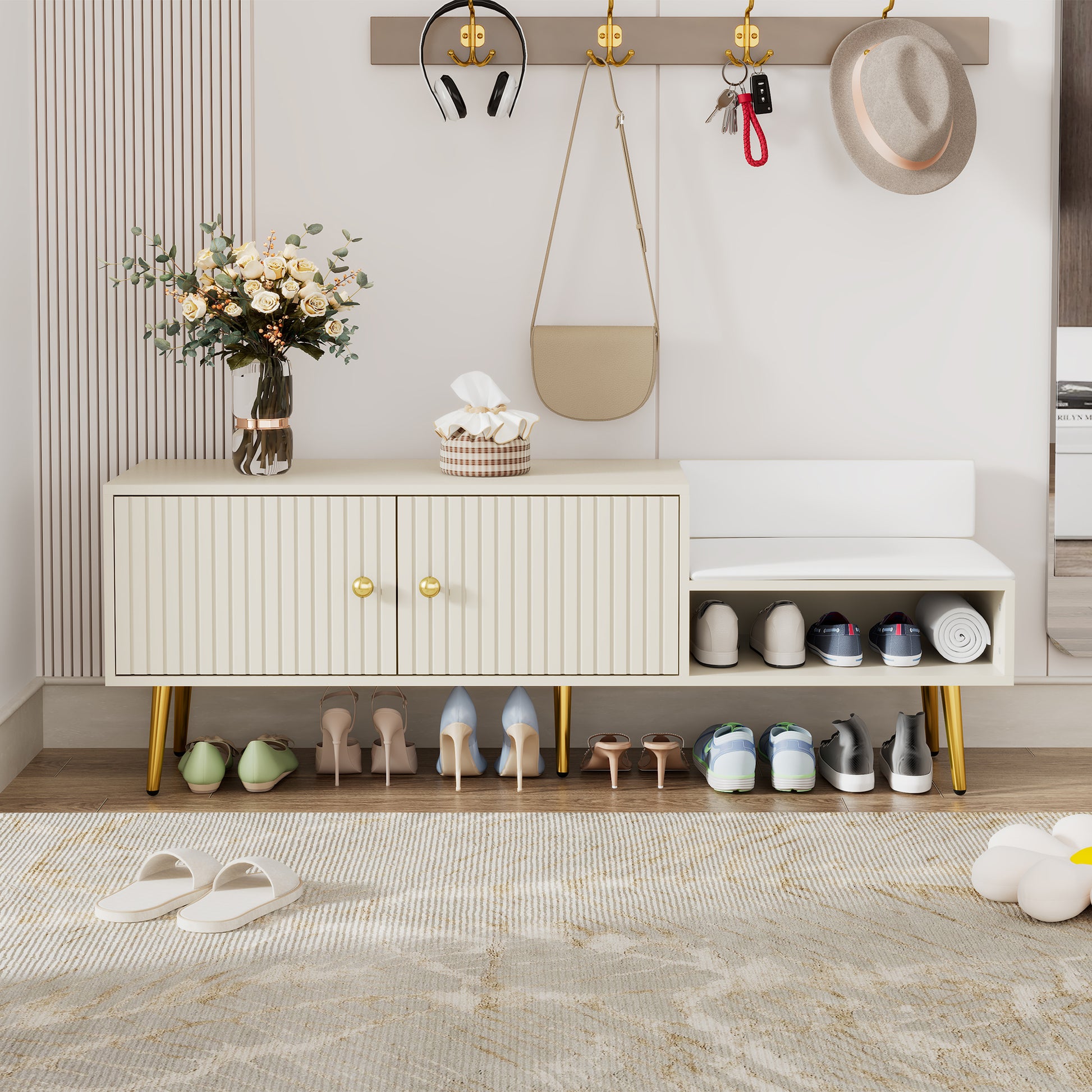 Modern Shoe Storage Bench With Hidden Storage And Upholstered Cushions For Bedside, Living Room And Entryway Antique White Antique White Mdf Metal