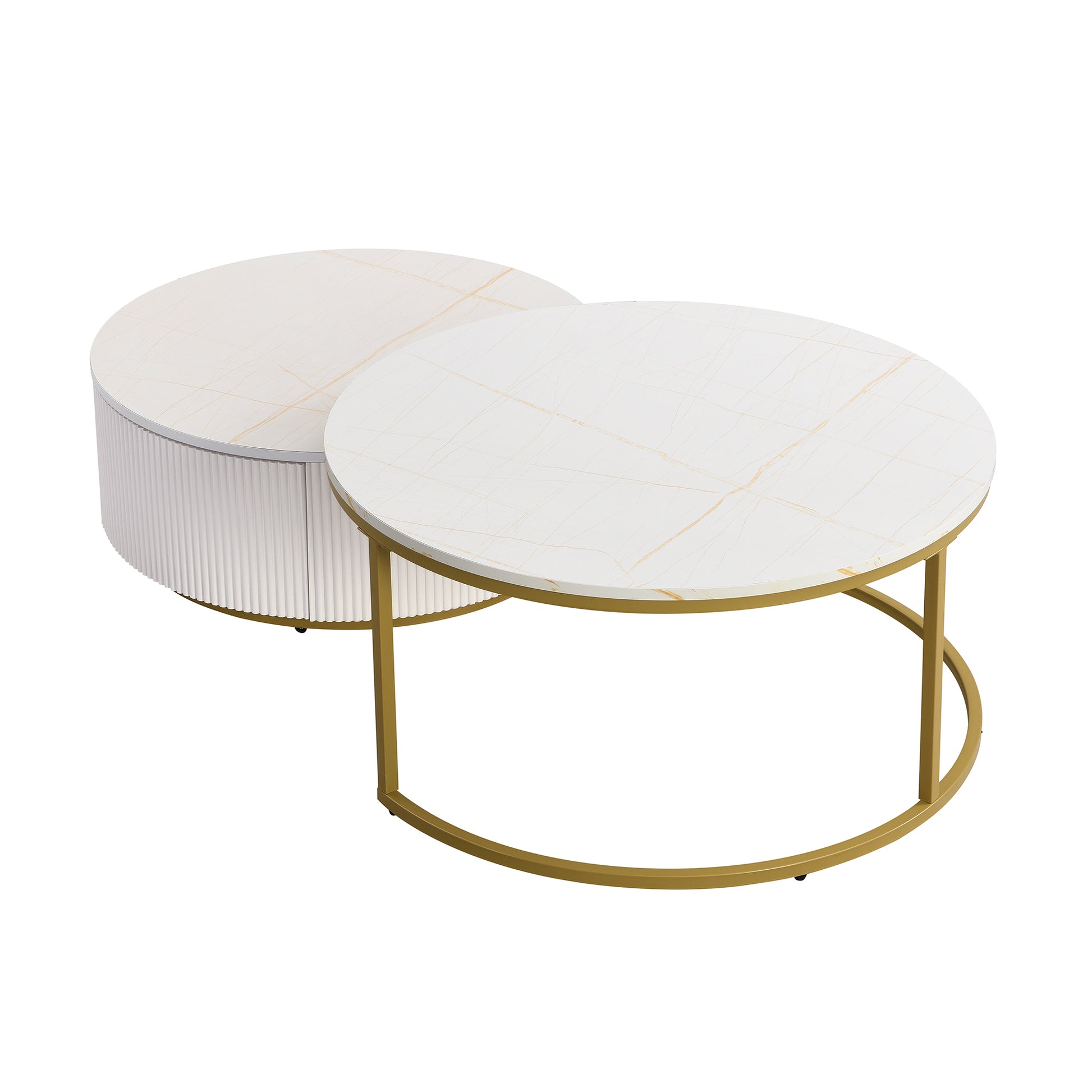 Modern Round Nesting Coffee Table Fluted With Drawer In White & Gold In 31.5'' Golden White Drawers Coffee & End Tables Glossy Round Metal Mdf Pedestal