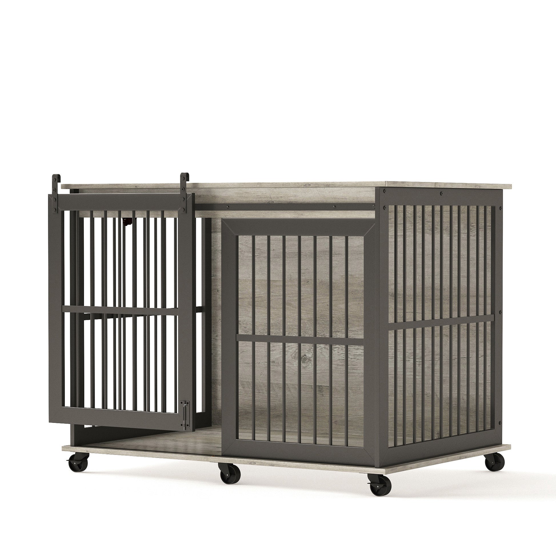 Furniture Dog Crate Sliding Iron Door Dog Crate With Mat. Grey,43.7''W X 30''D X 33.7''H Grey Dog Particle Board