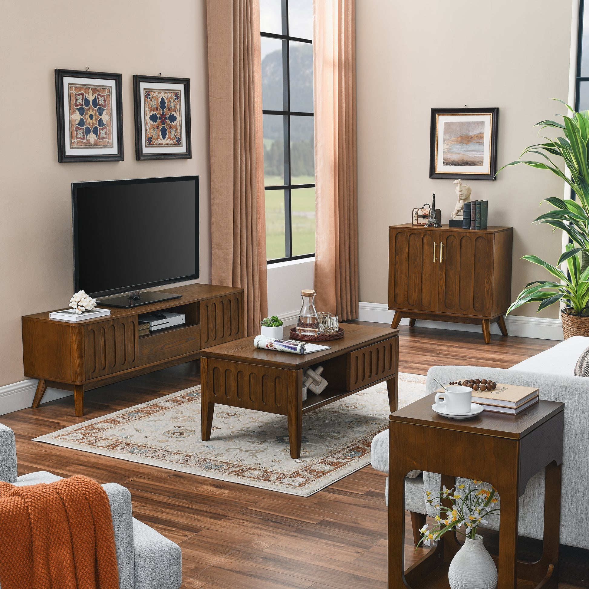 Mid Century Modern Fluted Tv Stand For 65 Inch Tv, Entertainment Center With Storage, Farmhouse Wood Media Console For Living Room Apartment Office, Accent Table, 2 Door & 1 Drawer & Solid Wood Leg Walnut 50 59 Inches Mdf