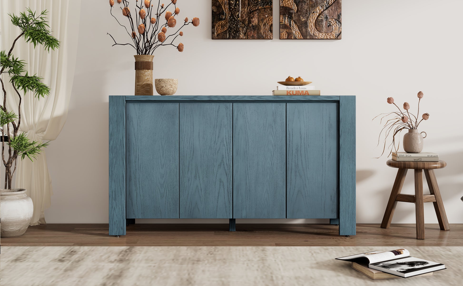 Retro 4 Door Sideboard With Distressed Finish And Adjustable Shelves For Dining Room, Kitchen, And Living Room Navy Navy Mdf,Rubber Wood