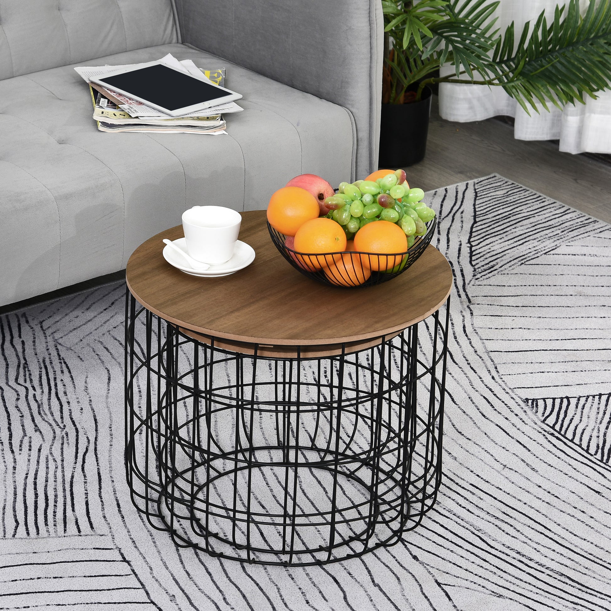 Homcom Round Coffee Table Set Of 2, Industrial End Tables With Extra Storage Space For Living Room, Brown And Black Black Brown Steel