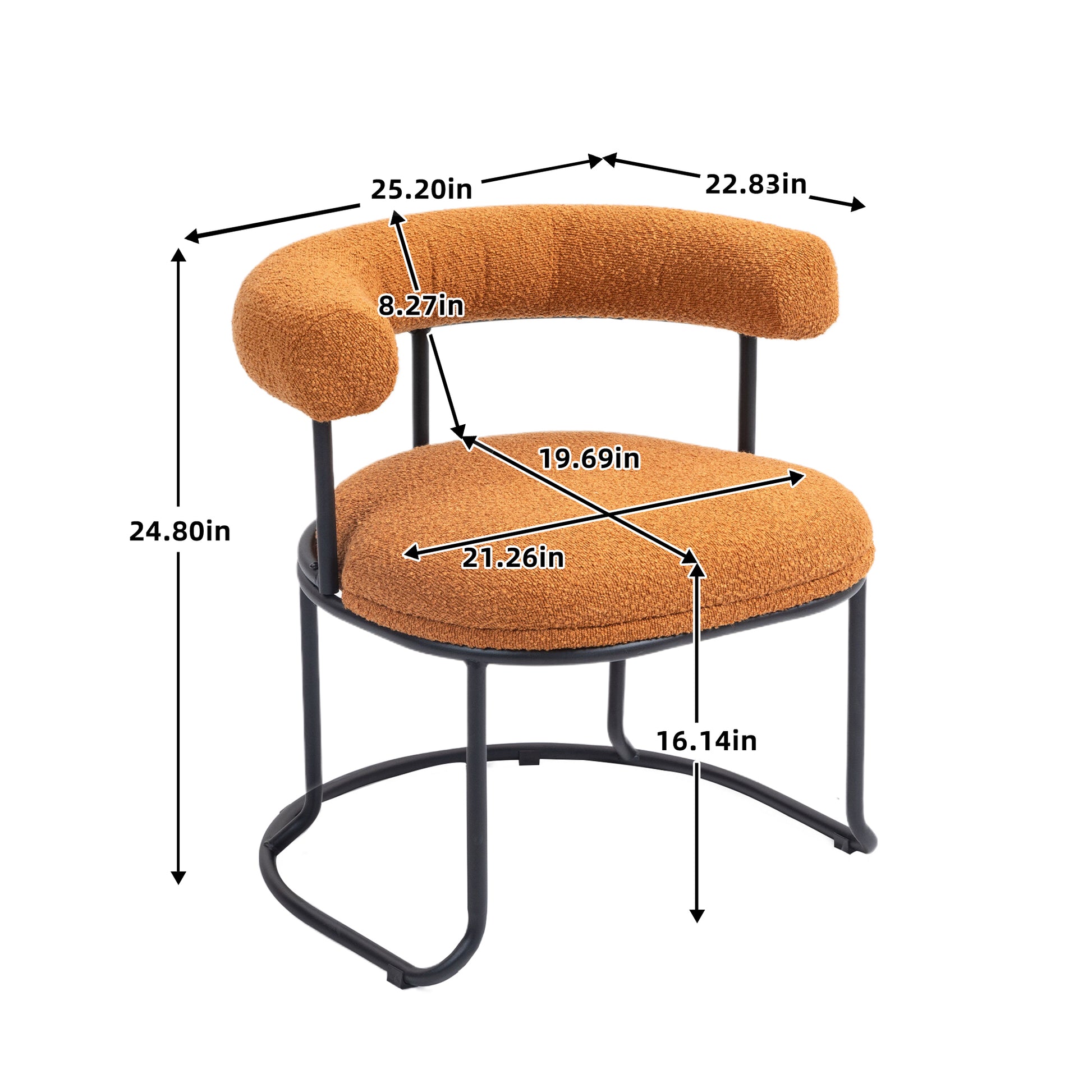 Coolmore Boucle Dining Chairs Set Of 2, Mid Century Modern Curved Backrest Chair, Round Upholstered Kitchen Chairs Orange Boucle Orange Foam Mdf Metal