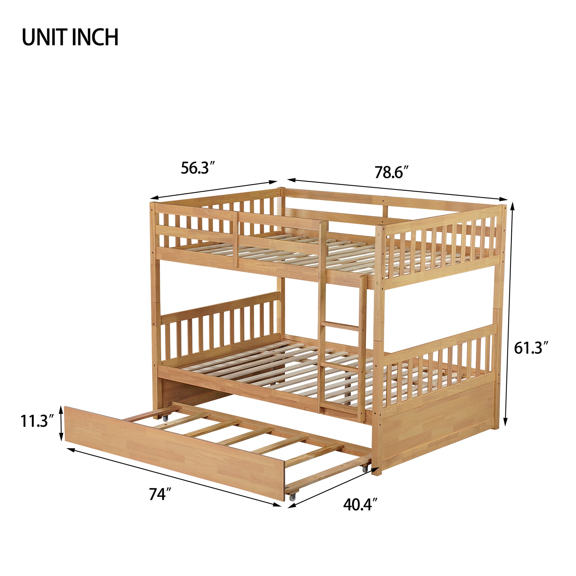 Full Over Full Rubber Wood Bunk Bed With Trundle, Ladder And Guardrails, Convertible To 2 Full Size Beds, With Twin Size Trundle,White Oak Full White Oak Bedroom American Design Bed Frame Rubber