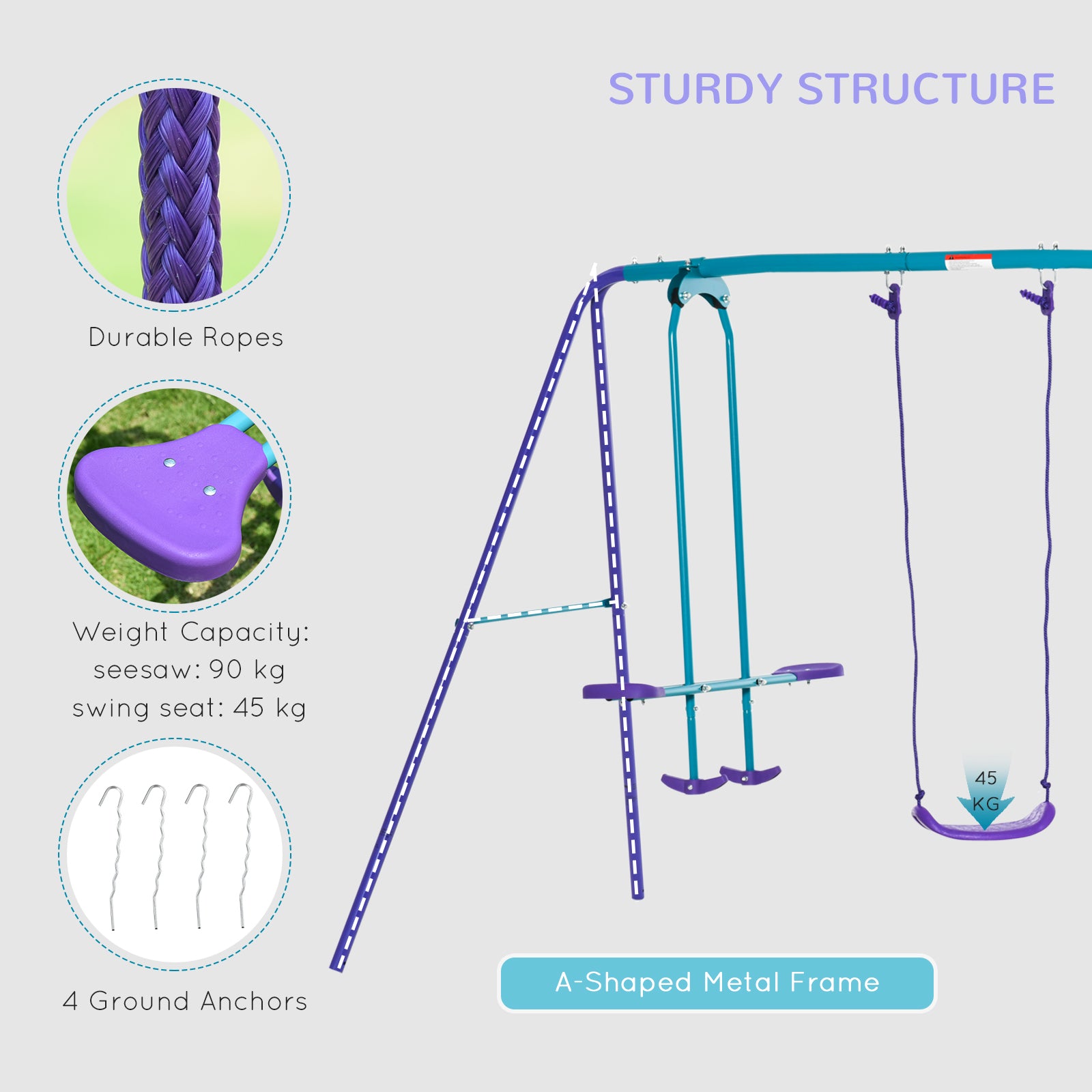 Outsunny Metal Swing Set With Glider, Two Swing Seats And Adjustable Height, Outdoor Heavy Duty A Frame Suitable For Playground, Backyard, Purple Purple Metal