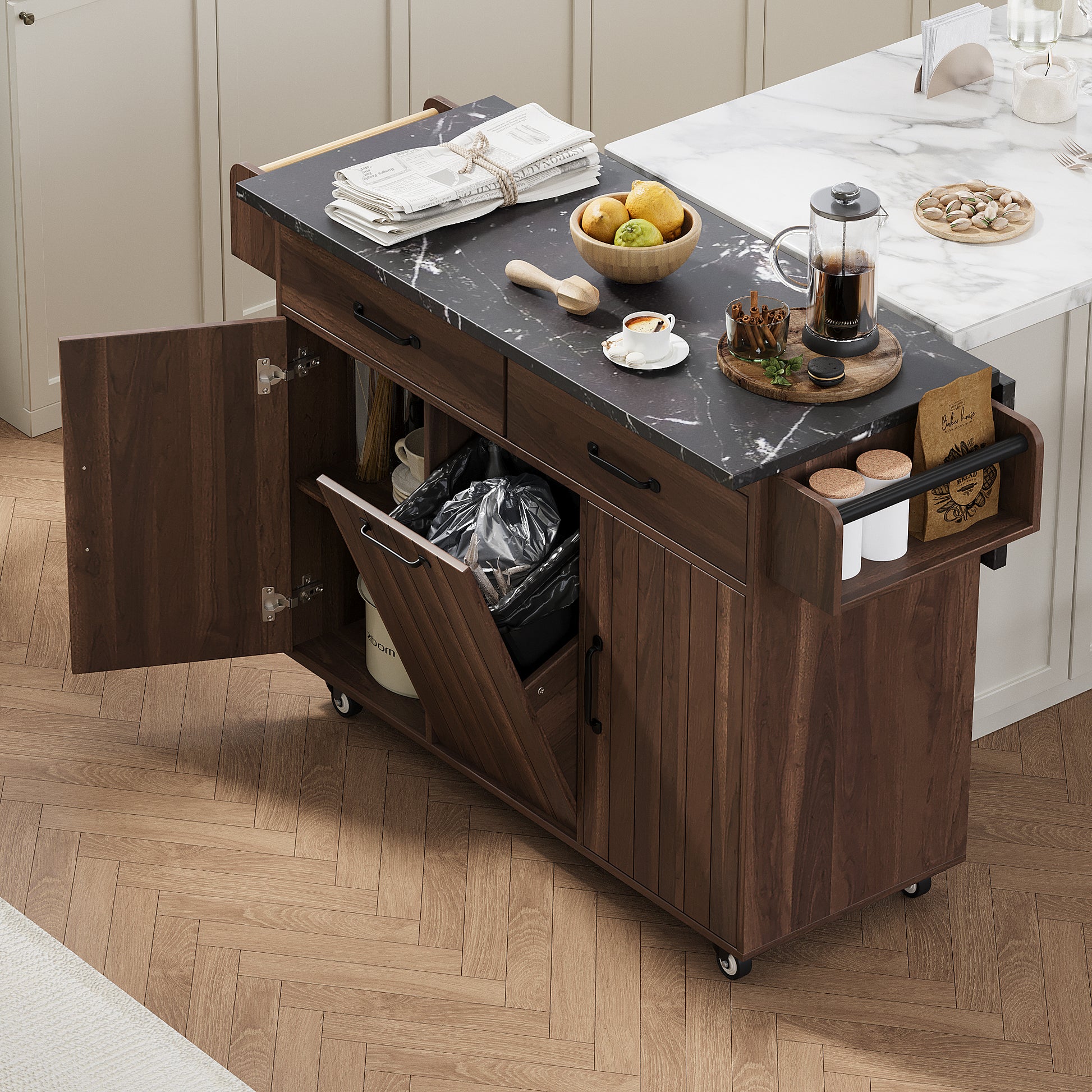 K&K Kitchen Island With Trash Can Storage Cabinet, Kitchen Cart With Drop Leaf, Spice Rack, Towel Rack And Drawer, Rolling Kitchen Island On Wheels With Adjustable Shelf, Walnut Brown Walnut Brown