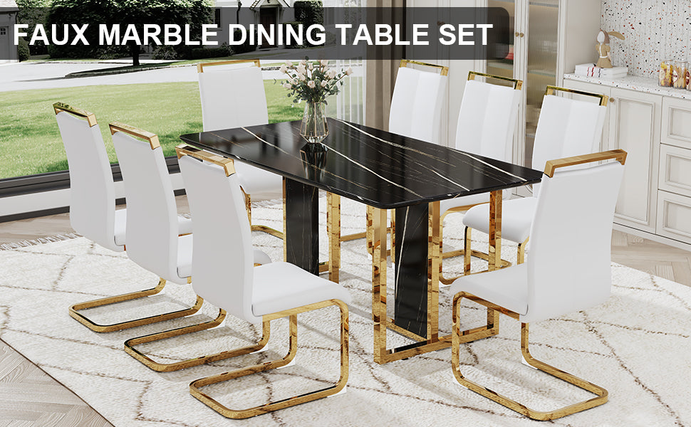 Table And Chair Set. Modern Dining Table With Mdf Top And Beautiful Mdf Legs. Equipped With Comfortable Pu Chairs And Metal Legs. Suitable For A Wide Range Of Decorative Styles. Black,White Seats 8 Mdf